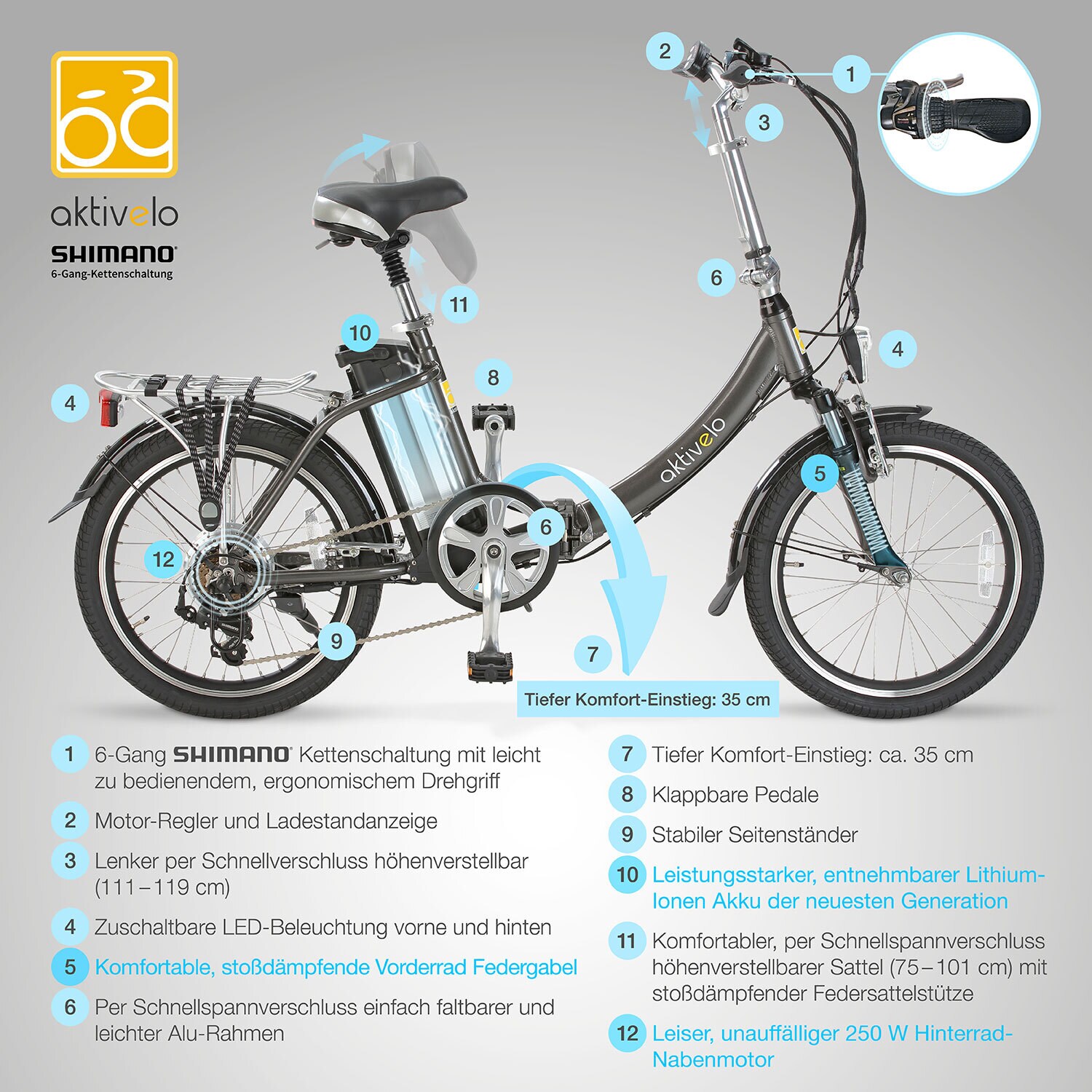 aktivelo Alu-Elektro-Faltrad Sport, 20 Zoll Sport