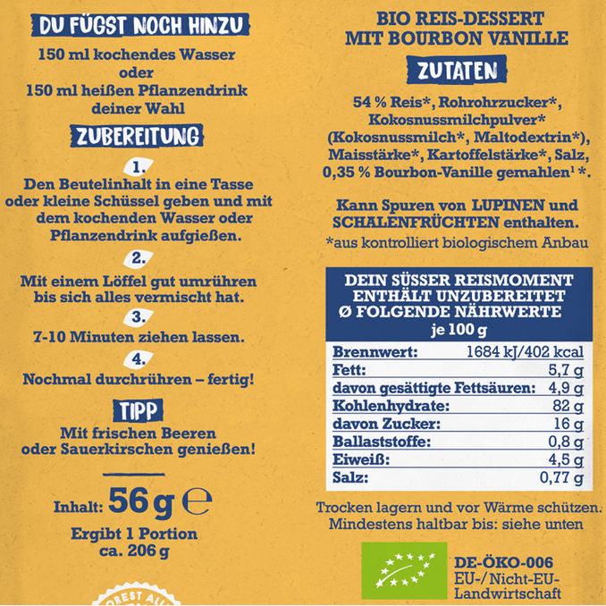 BIO Reis-Dessert mit Bourbon Vanille, 56g von Biovegan
