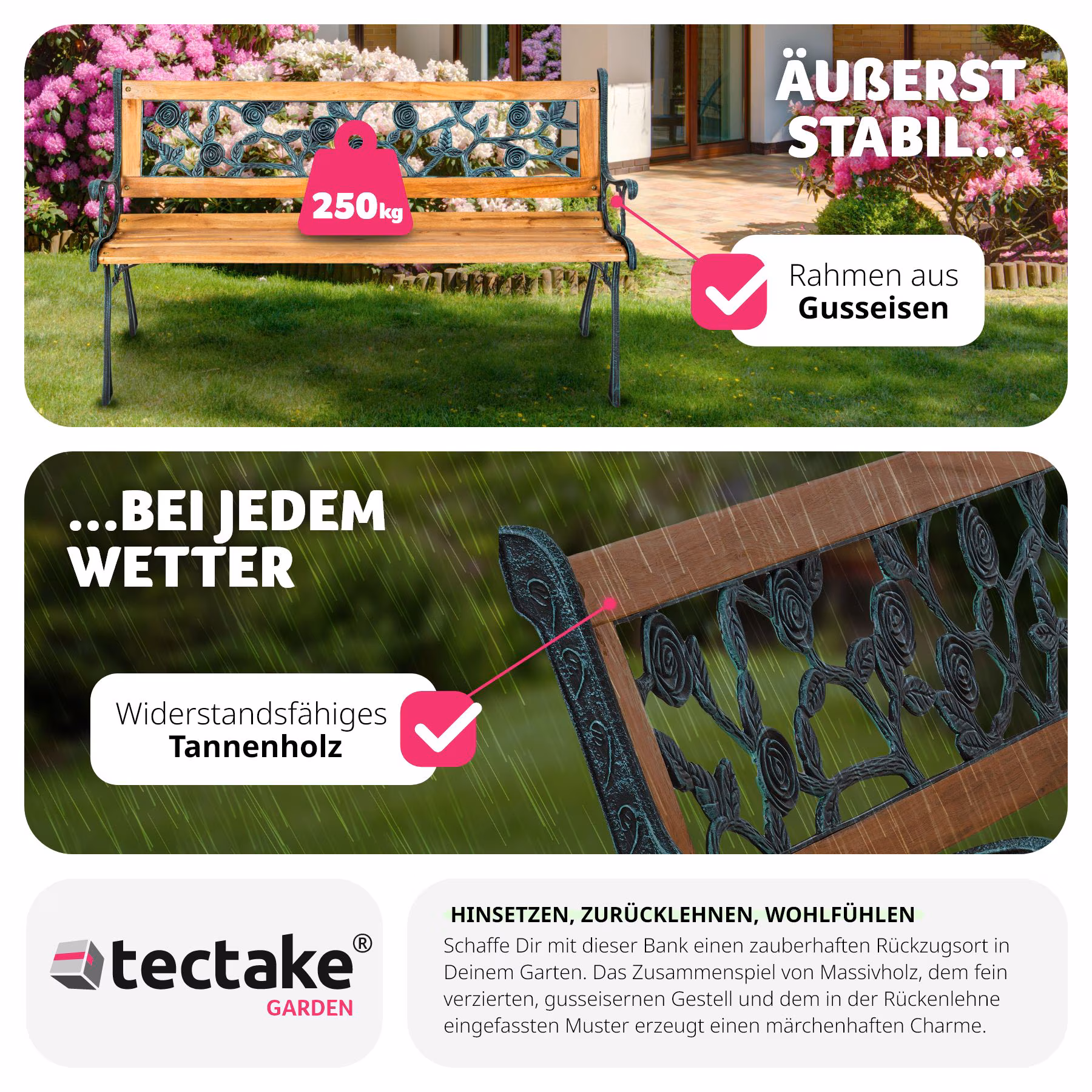 tectake® Gartenbank, 2-Sitzer, wetterfest, 124 x 52 x 74 cm