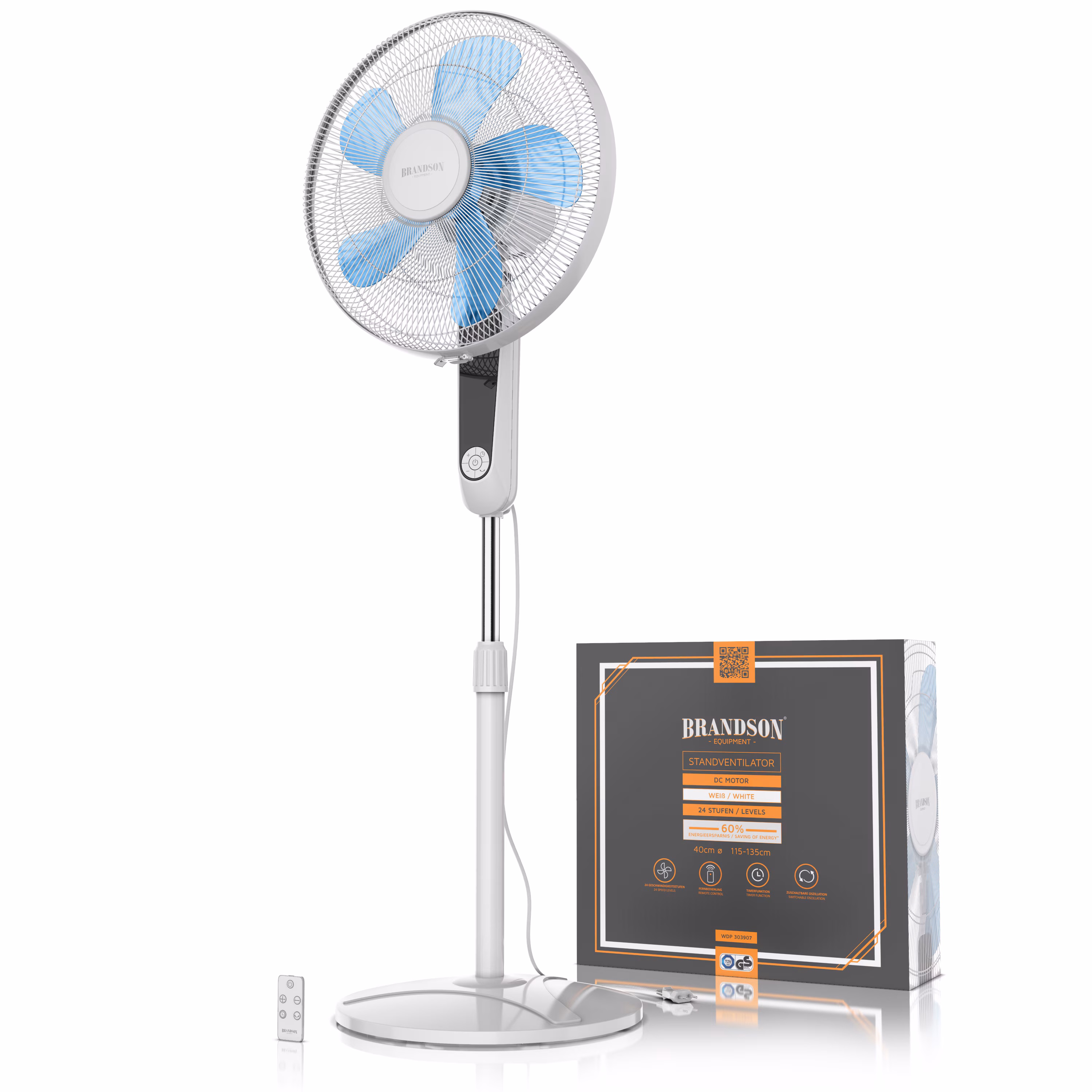 Brandson Standventilator DC Motor mit Fernbedienung + LED Display, Oszillation, Ventilator leise, Höhe verstellbar, energiesparend, Weiß