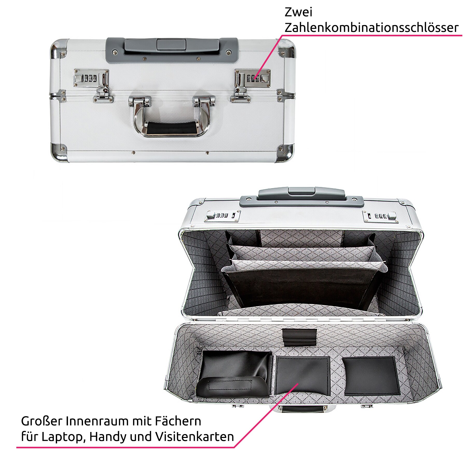 tectake® Pilotenkoffer, aus Aluminium mit abgerundeten Ecken, 2 Zahlenkombinationsschlösser, 47 x 25 x 39 cm