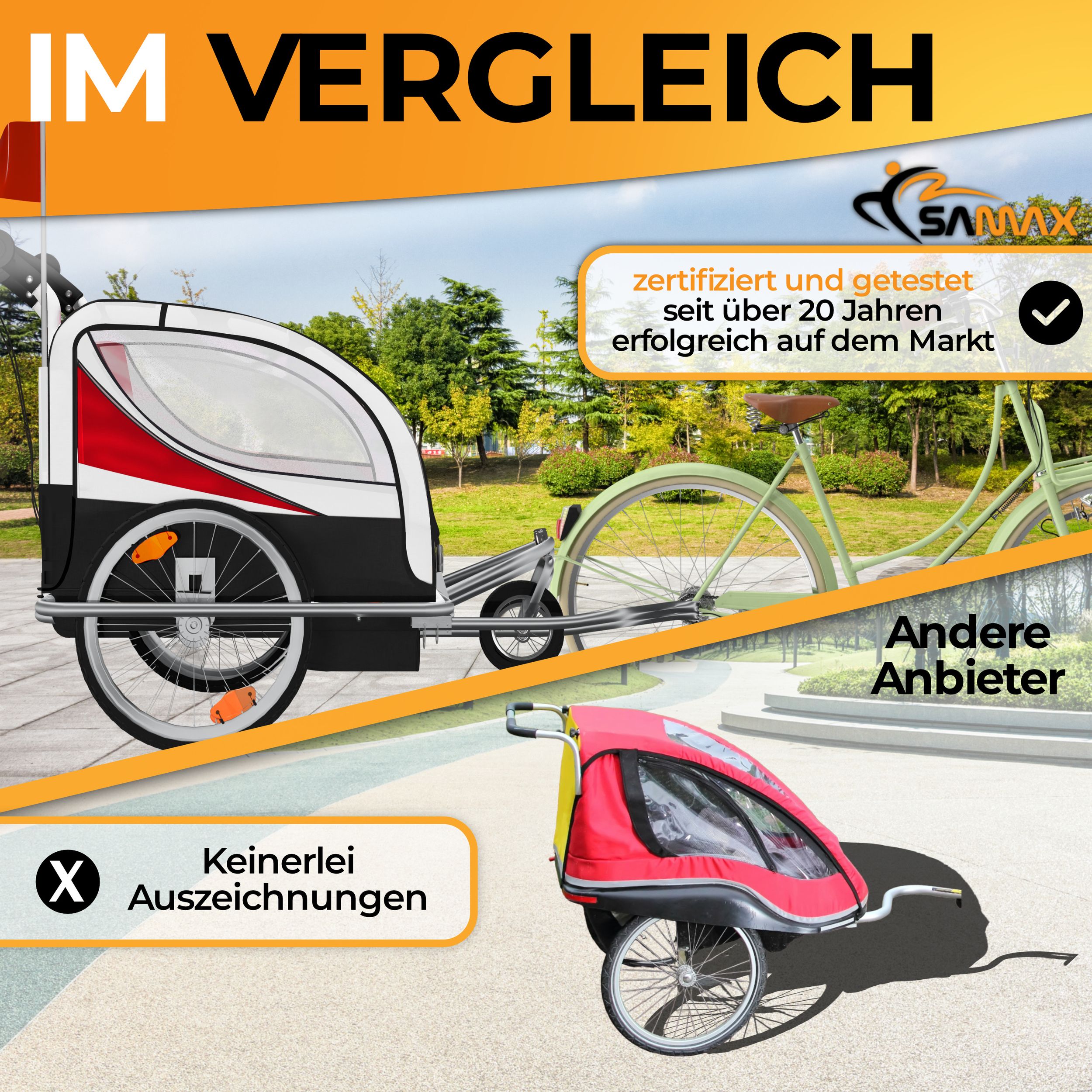 SAMAX 360° drehbarer Fahrradanhänger 2in1 Jogger - in Rot - Silver Frame