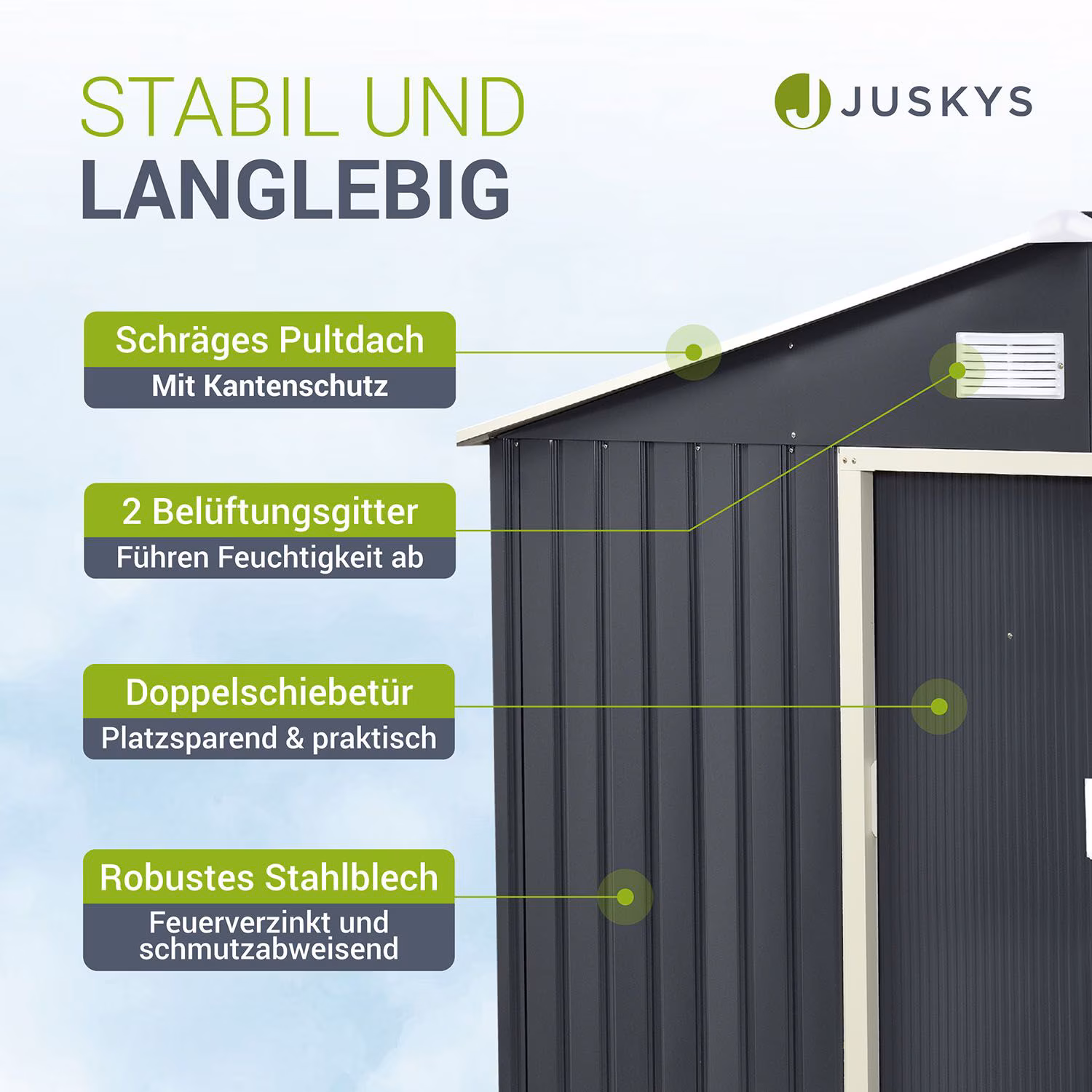 Juskys Metall Gerätehaus Geräteschuppen XXL mit Satteldach, Schiebetür & Fundament 15m³ anthrazit