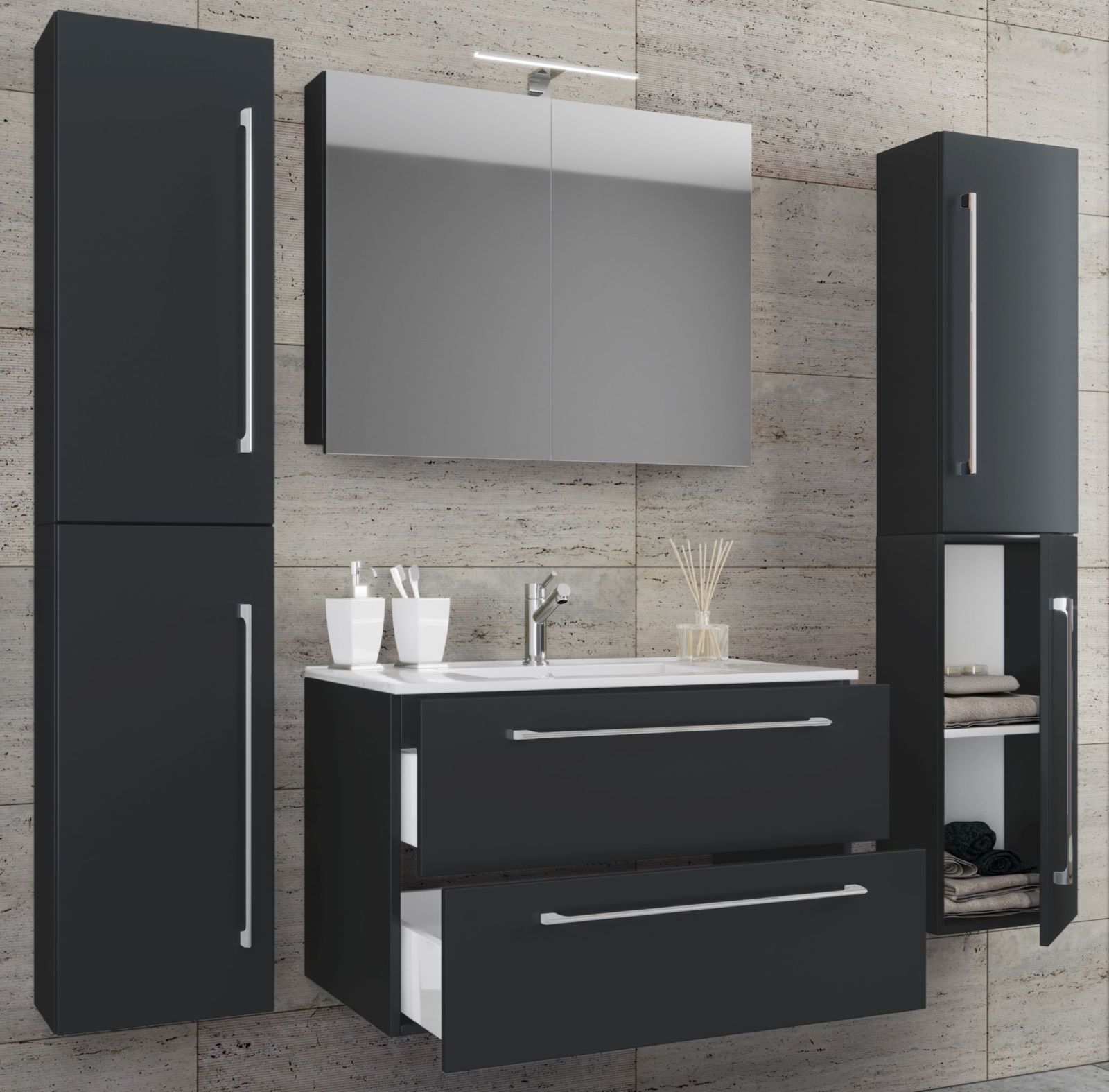 5-teiliges Badmöbel-Set BADINOS 2 - schwarz - Waschbecken - mit Spiegelschrank
