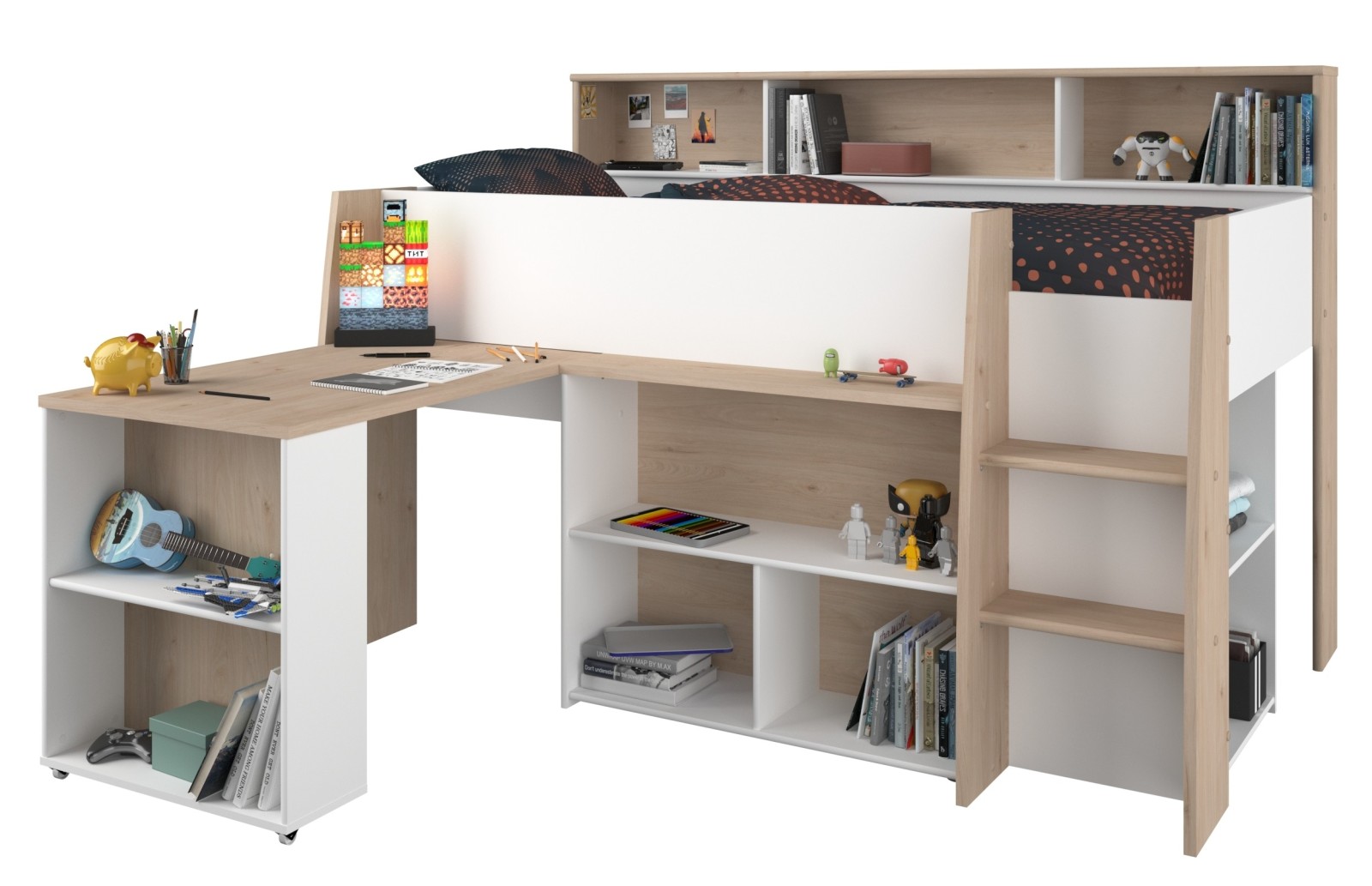 Hochbett LUCAS - weiß - Japanische Eiche - mit Schreibtisch