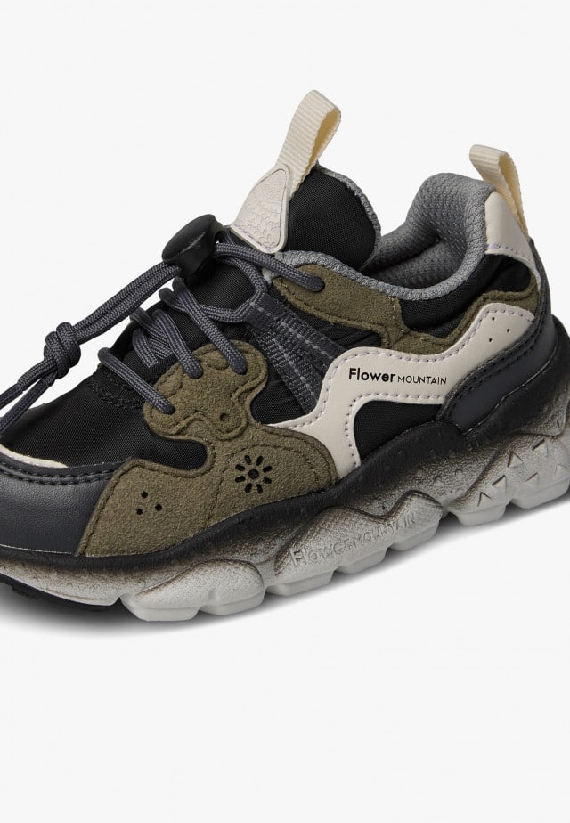 YAMANO 3 JUNIOR.Sneakers aus Kunstleder und technischem Gewebe, Schwarz-Militärgrün
