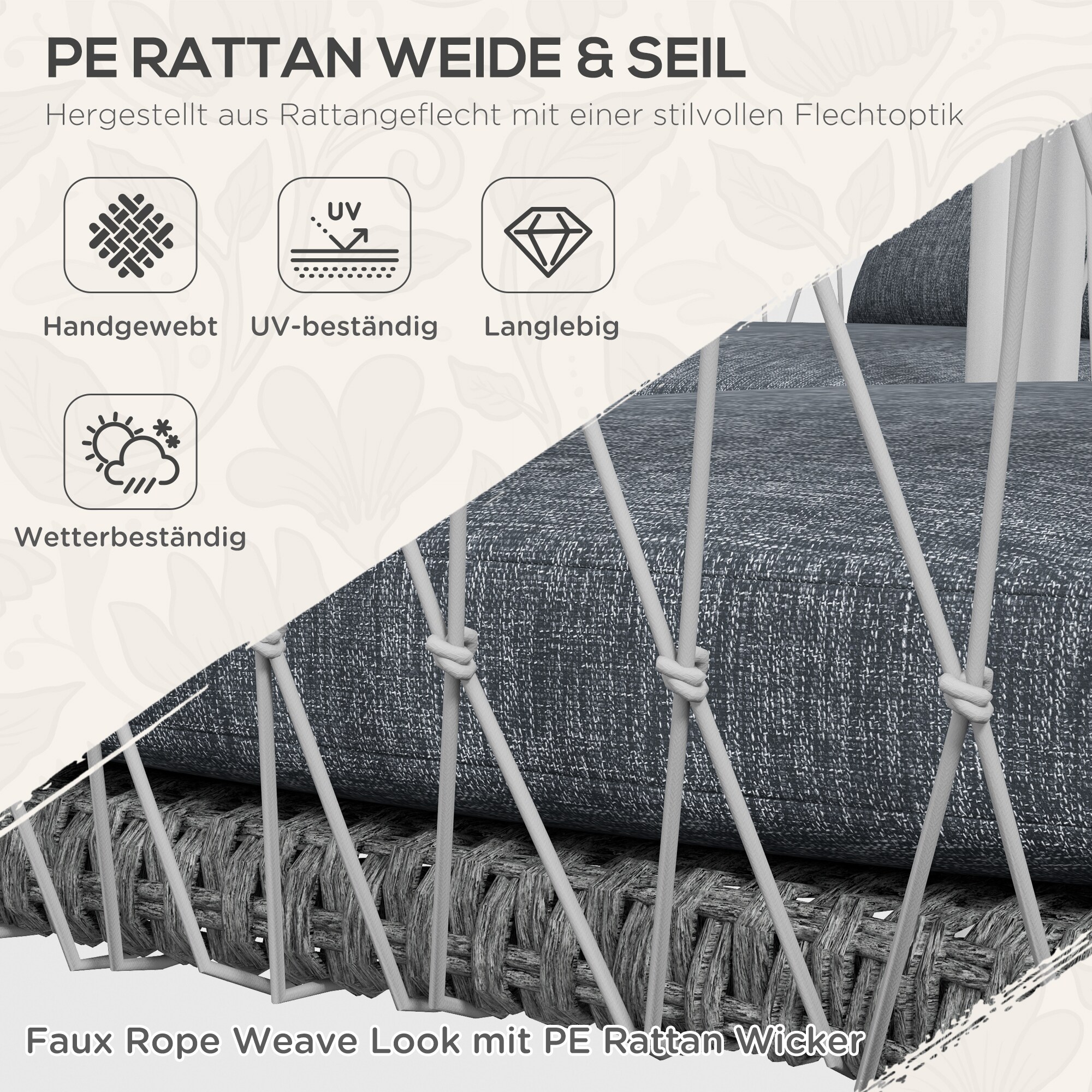 Outsunny Flecht Gartenmöbel-Set mit Polsterkissen grau 121L x 68B x 67H cm