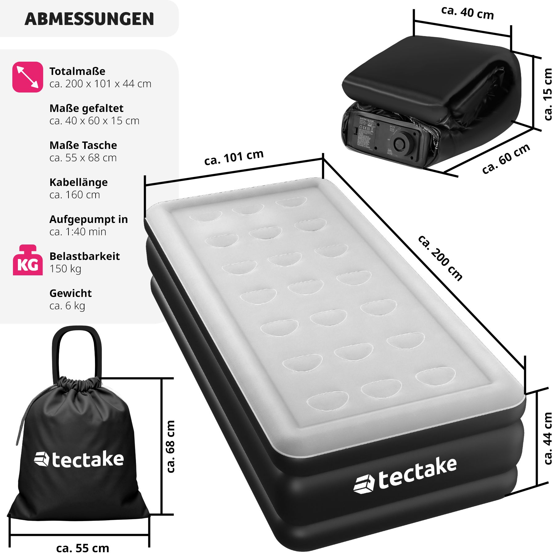 tectake® Aufblasbare Matratze, für 1 oder 2 Personen, ergonomisches Luftsäulensystem, inkl. manuellem Ventil und Tragebeutel