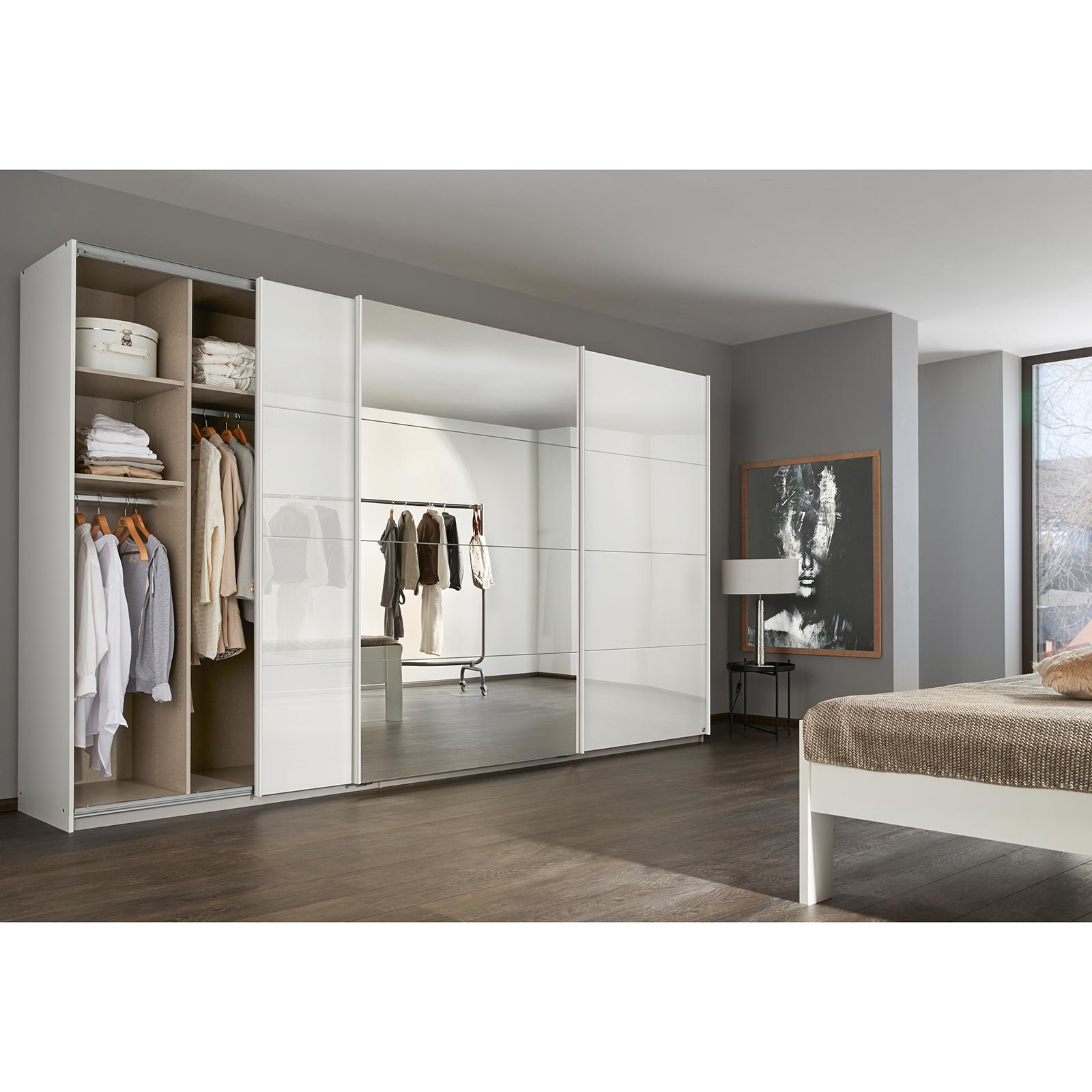 Schwebetürenschrank - weiß Hochglanz - mit Spiegel - 360x210 cm
