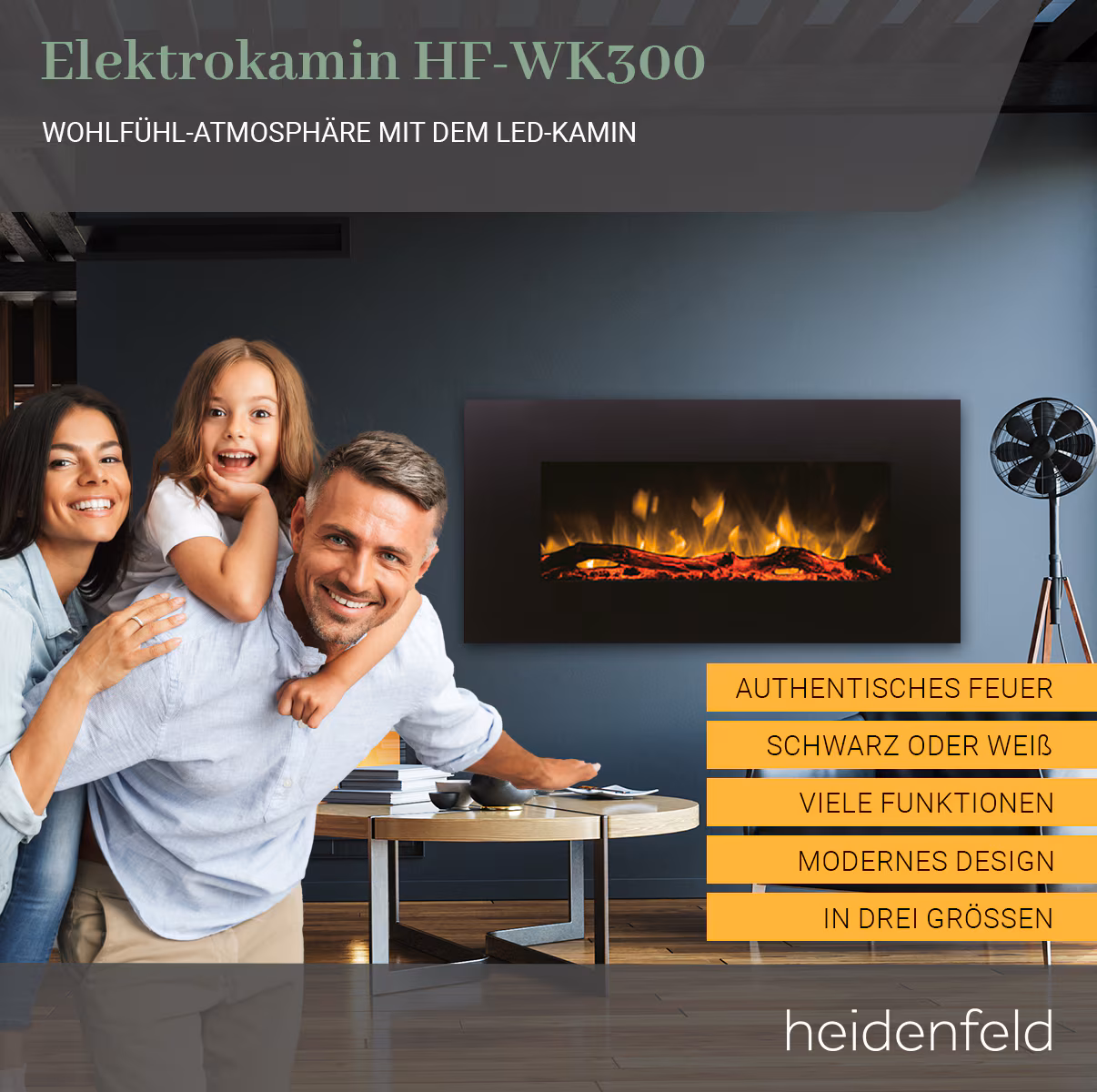Heidenfeld Elektrokamin HF-WK300, elektrischer Kamin mit 3D-Flammeneffekt, 1500W, 3J Garantie, Timer (Schwarz, 128.0 x 55.0 cm)