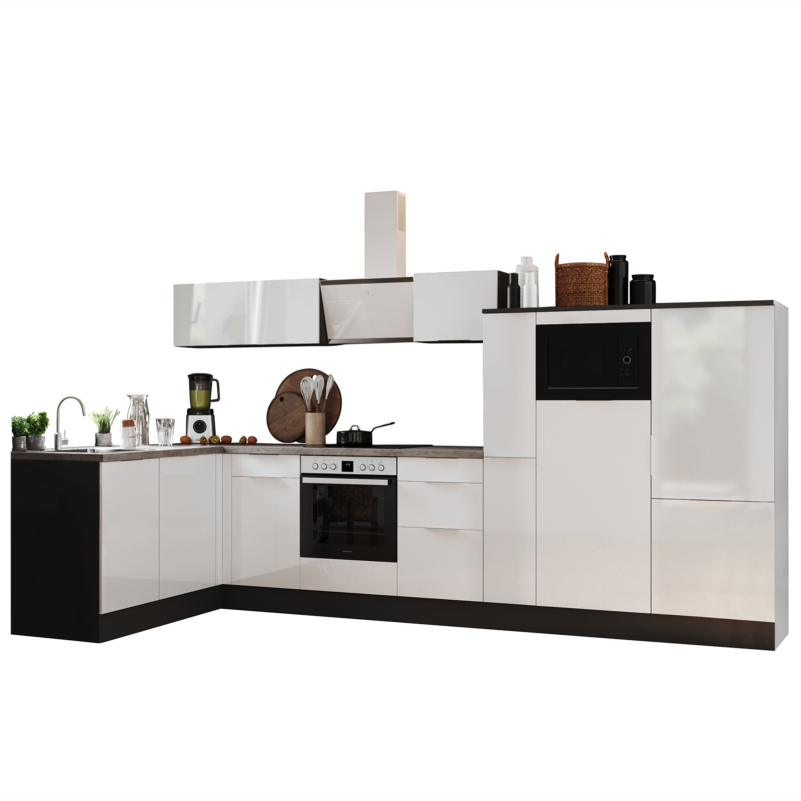 RESPEKTA Winkelküche - weiß Hochglanz - grau matt - mit E-Geräten - 370x175 cm