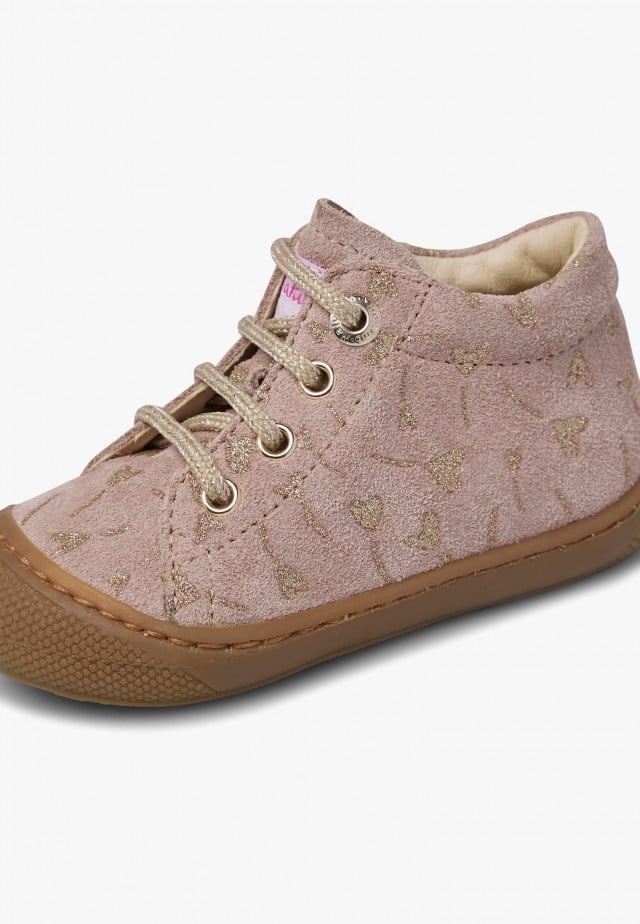 NATURINO COCOONLauflernschuhe aus Veloursleder mit Glitzerherzen, Rosa-Platin