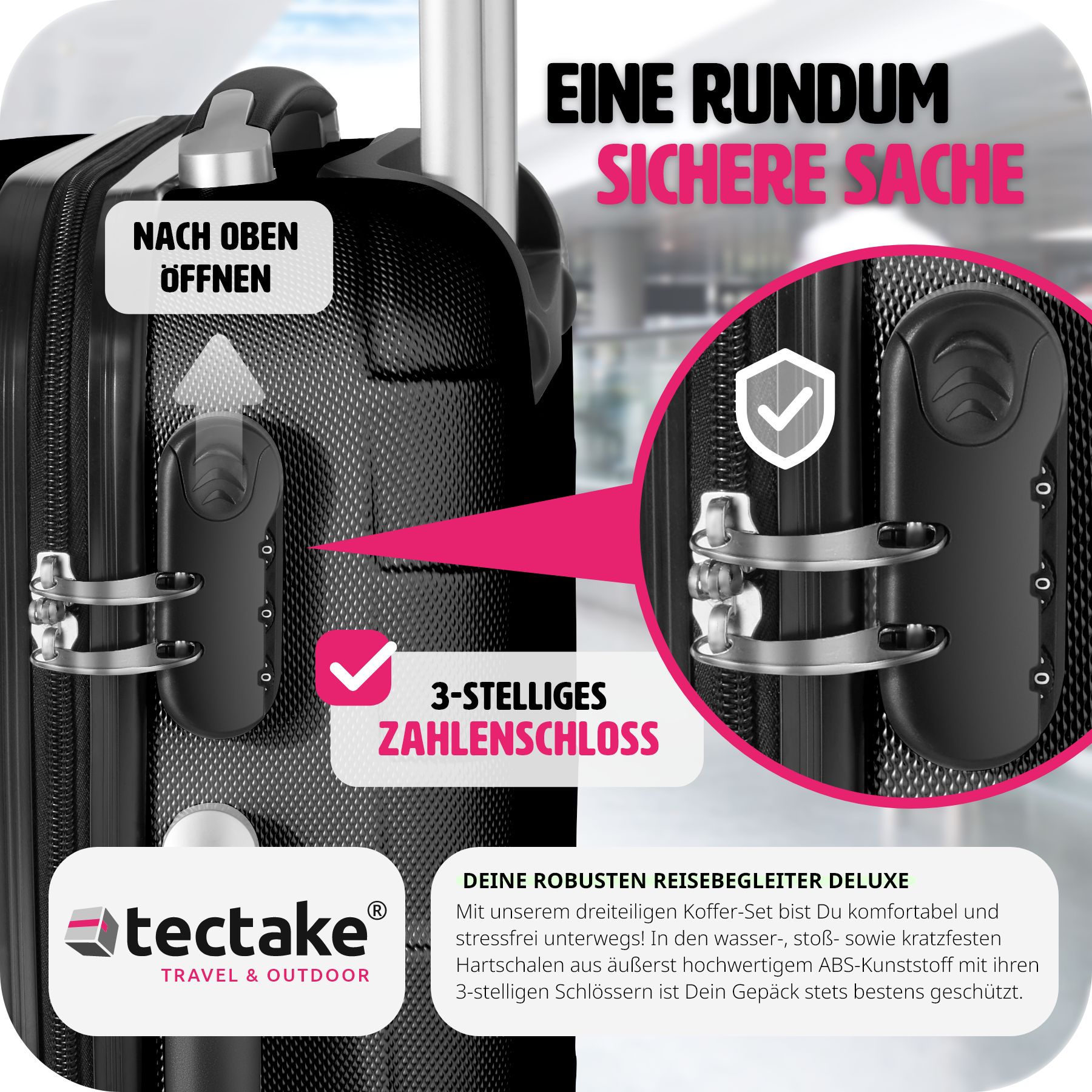 tectake® Hartschalenkoffer-Set, 3-teilig, aus robustem ABS-Kunststoff, 360° drehbare, abnehmbare Rollen, mit Sicherheits-Zahlenschloss