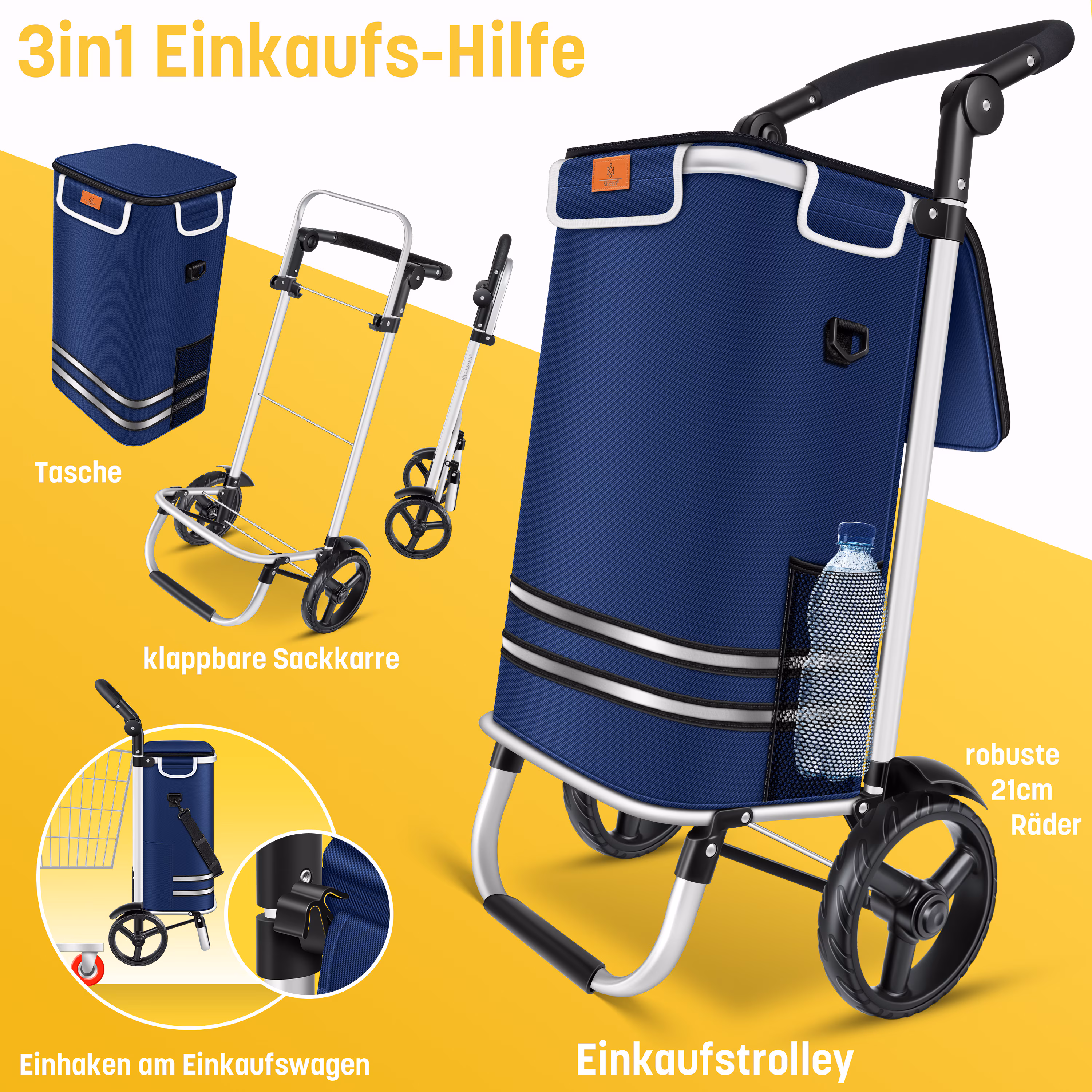 KESSER® Einkaufstrolley klappbar mit 56L Kapazität und belastbar bis 50kg | 3in1 Trolley Sackkarre & Umhängetasche | Faltbarer Einkaufswagen inkl. Kühlfach & Einkaufschip | Treppensteiger