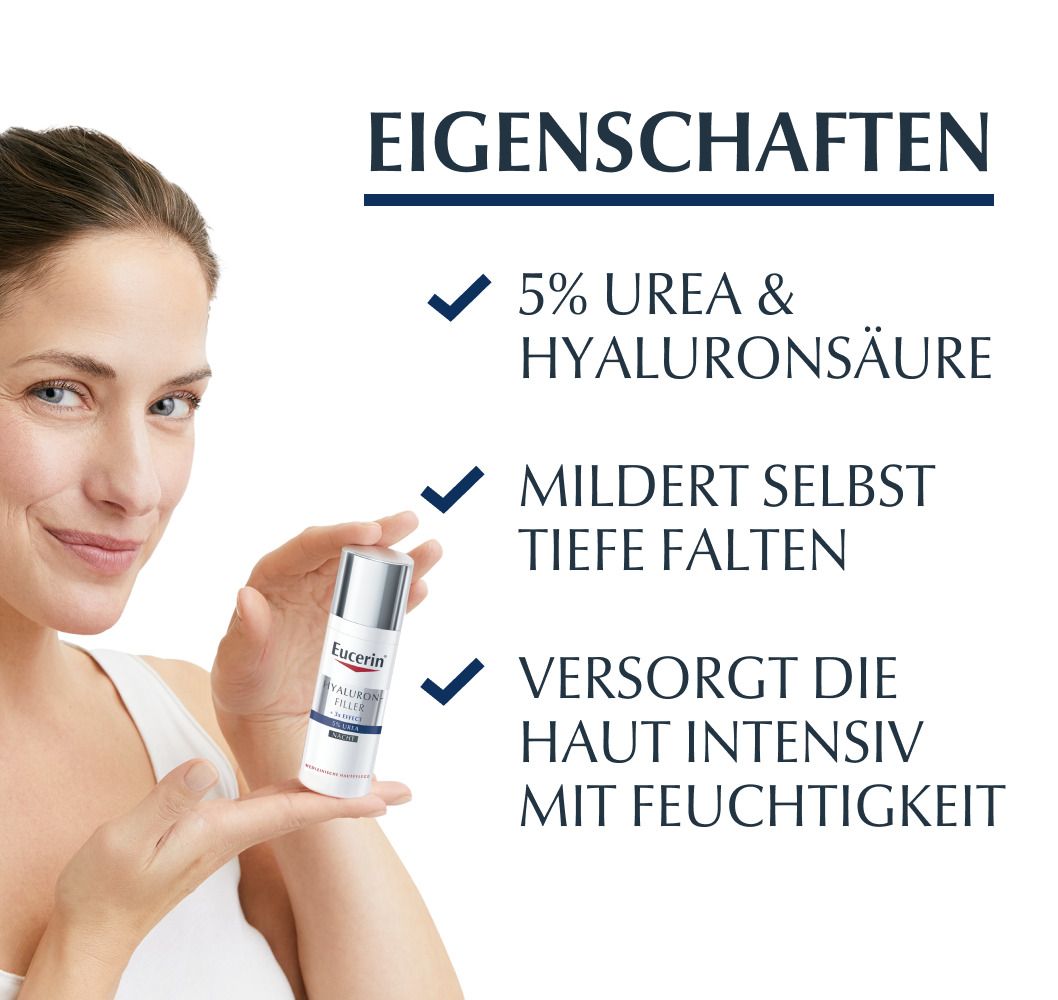 Eucerin® Hyaluron-Filler 5% Urea Nachtpflege – mildert sichtbar tiefe Falten und regeneriert die Haut nachts