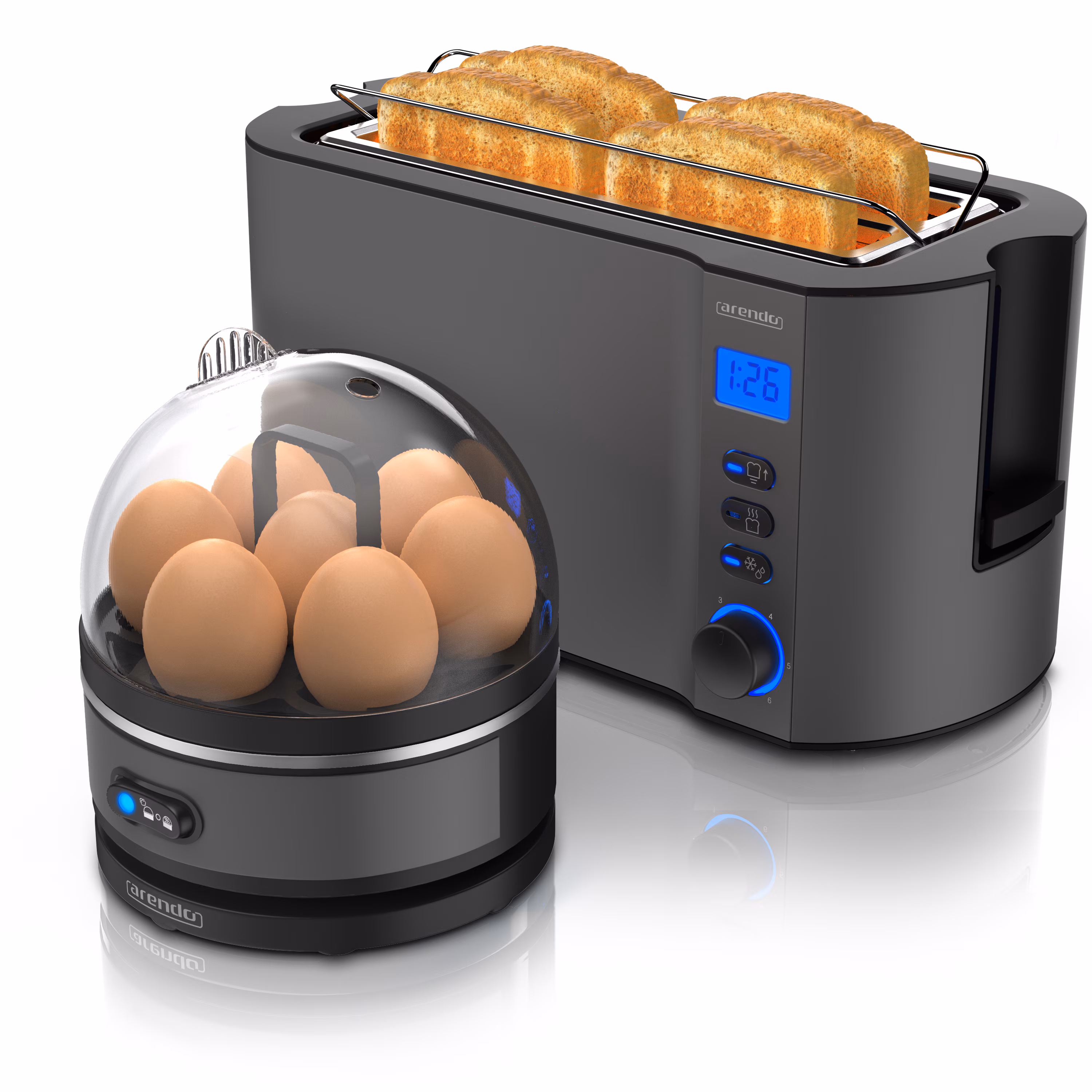 Arendo - SET Toaster MANHA mit Eierkocher SEVENCOOK Edelstahl Grau, Toaster 4 Scheiben, LED-Display, 6 Bräunungsgrade, Brötchenhalter - Eierkocher 1-7