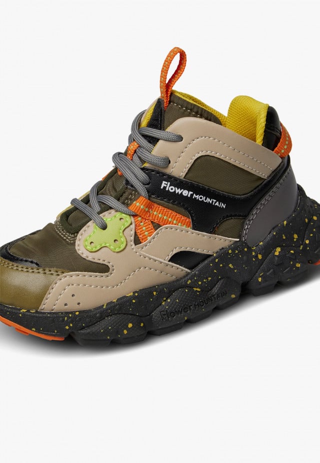 YAMANO 3 HIGH JUNIOR.Hohe Sneakers aus Kunstleder und technischem Gewebe, Militärgrün-Grau
