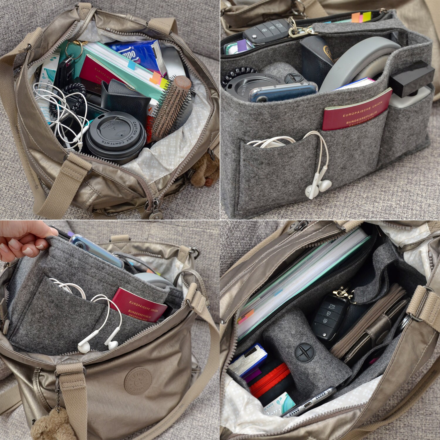 Handtaschen Organizer 30x12x17 cm Filz Tasche Innentasche Taschen Einsatz L Grau
