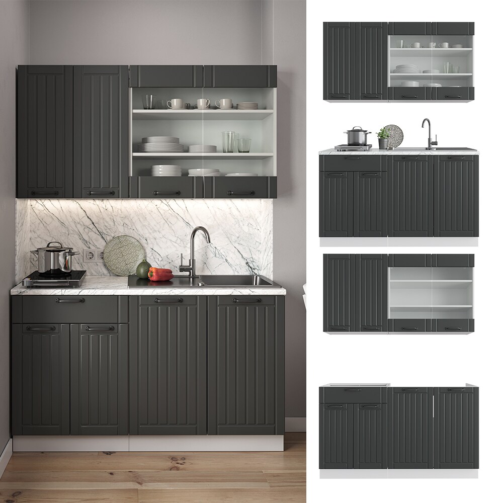 Vicco Küchenzeile Single Einbauküche Landhaus 140 cm Küchen Fame-Line Anthrazit
