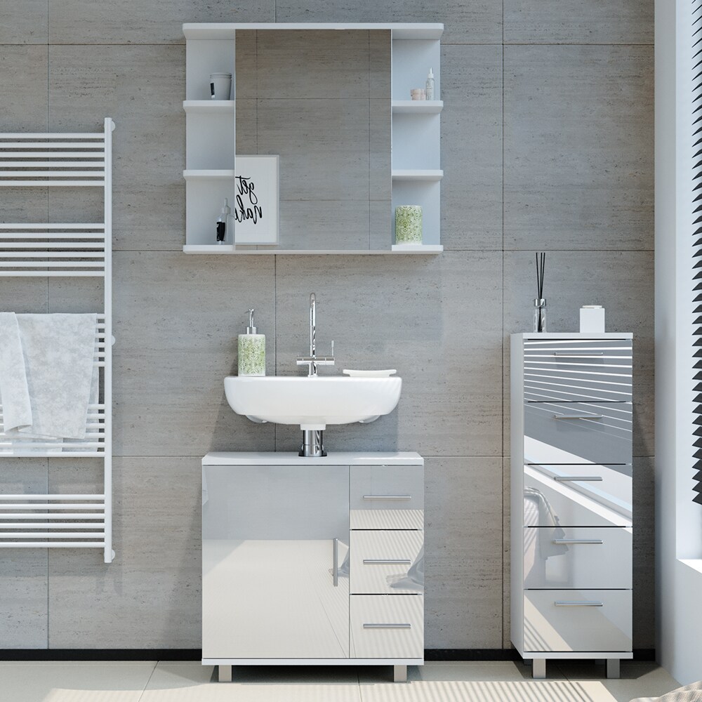 Vicco Badmöbelset Ilias Weiß Hochglanz modern Badezimmer Schrank Badschrank Waschtischunterschrank Spiegelschrank Midischrank Schranktür Schrankschublade Schrankfach Ablage Aufbewahrung