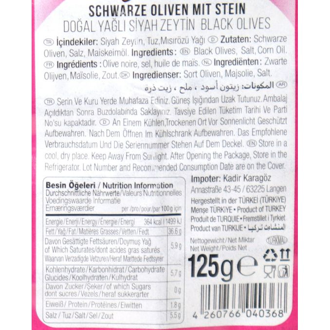 Schwarze Oliven mit Stein, 125g von Sultan