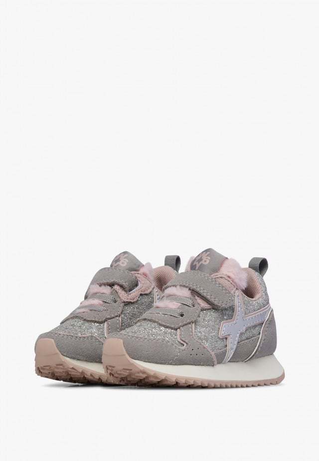 JET-BABY.Sneakers aus technischem Gewebe und Veloursleder, Silber