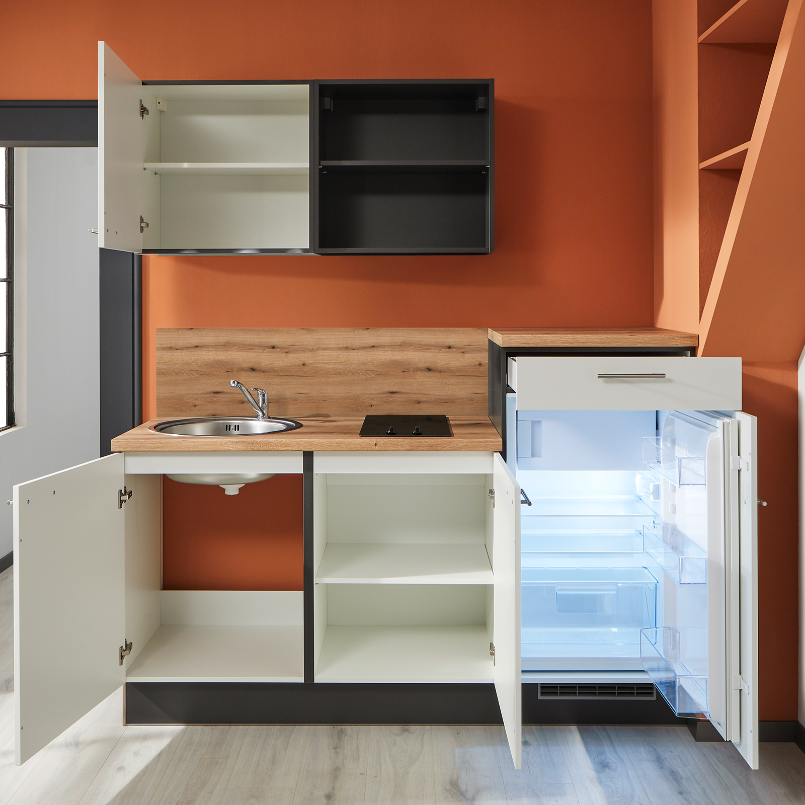 Küchenblock - weiß - Evoke Eiche - mit E-Geräten - 180 cm