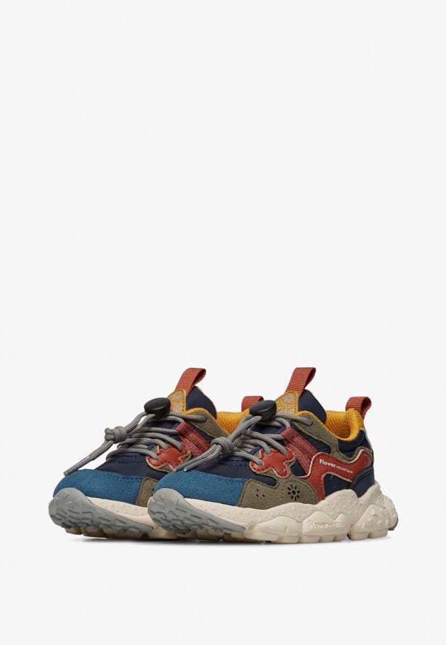 YAMANO 3 JUNIOR.Sneakers aus Kunstleder und technischem Gewebe, Marineblau-Rot