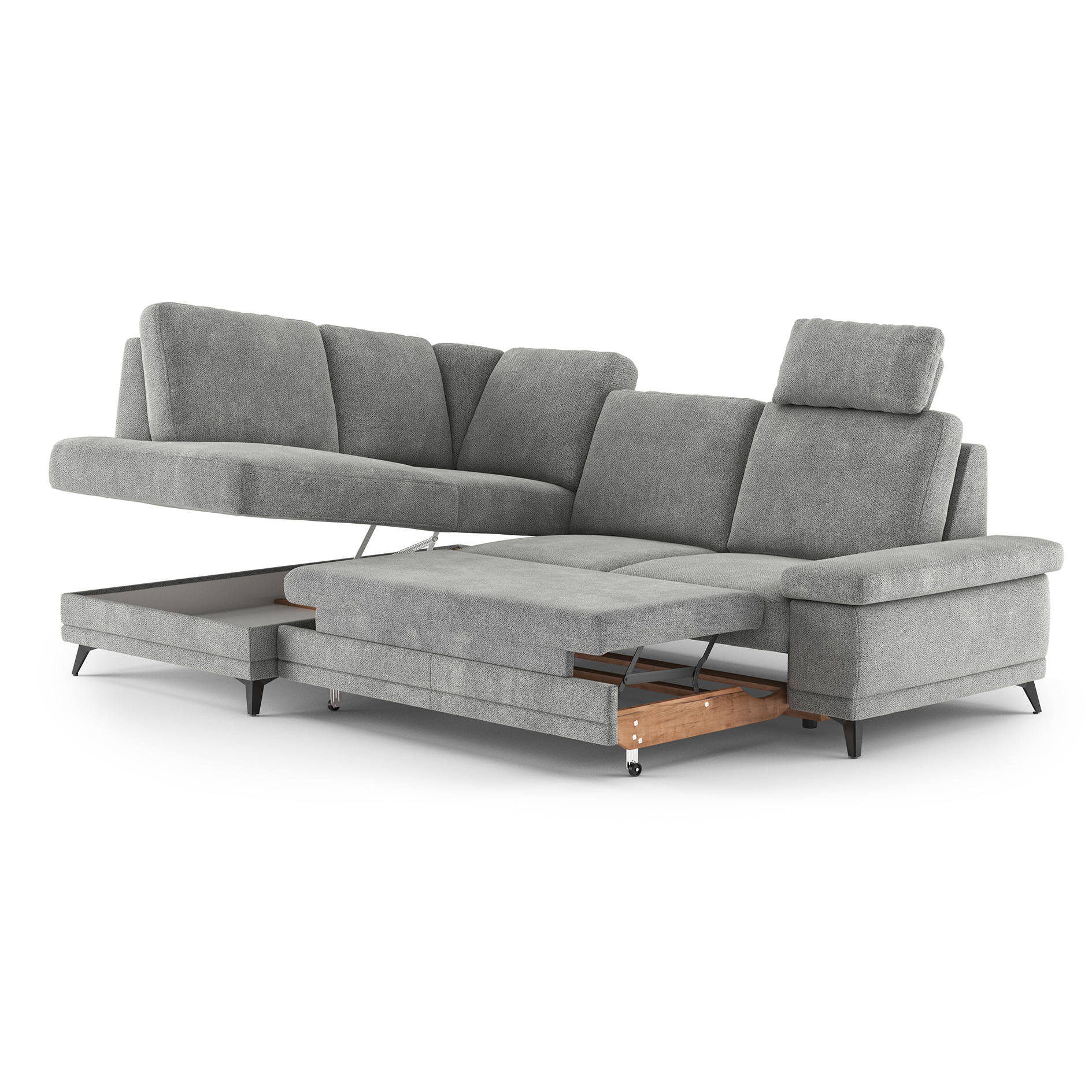 Ecksofa - platin - Liegefunktion und Bettkasten - Ottomane links