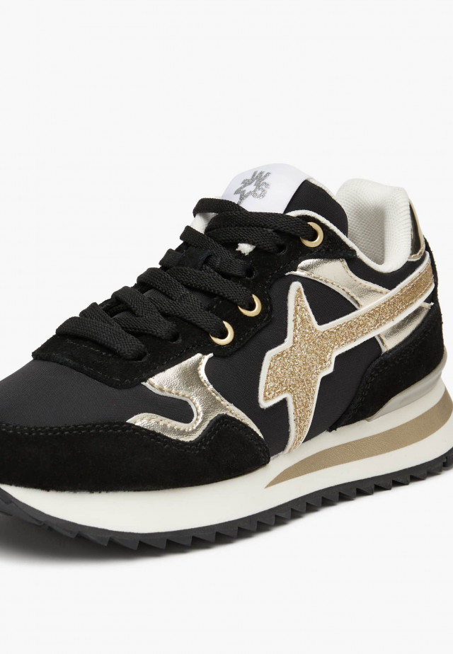 YAK-J.Sneakers aus technischem Gewebe, Leder und Veloursleder, Schwarz-Platin