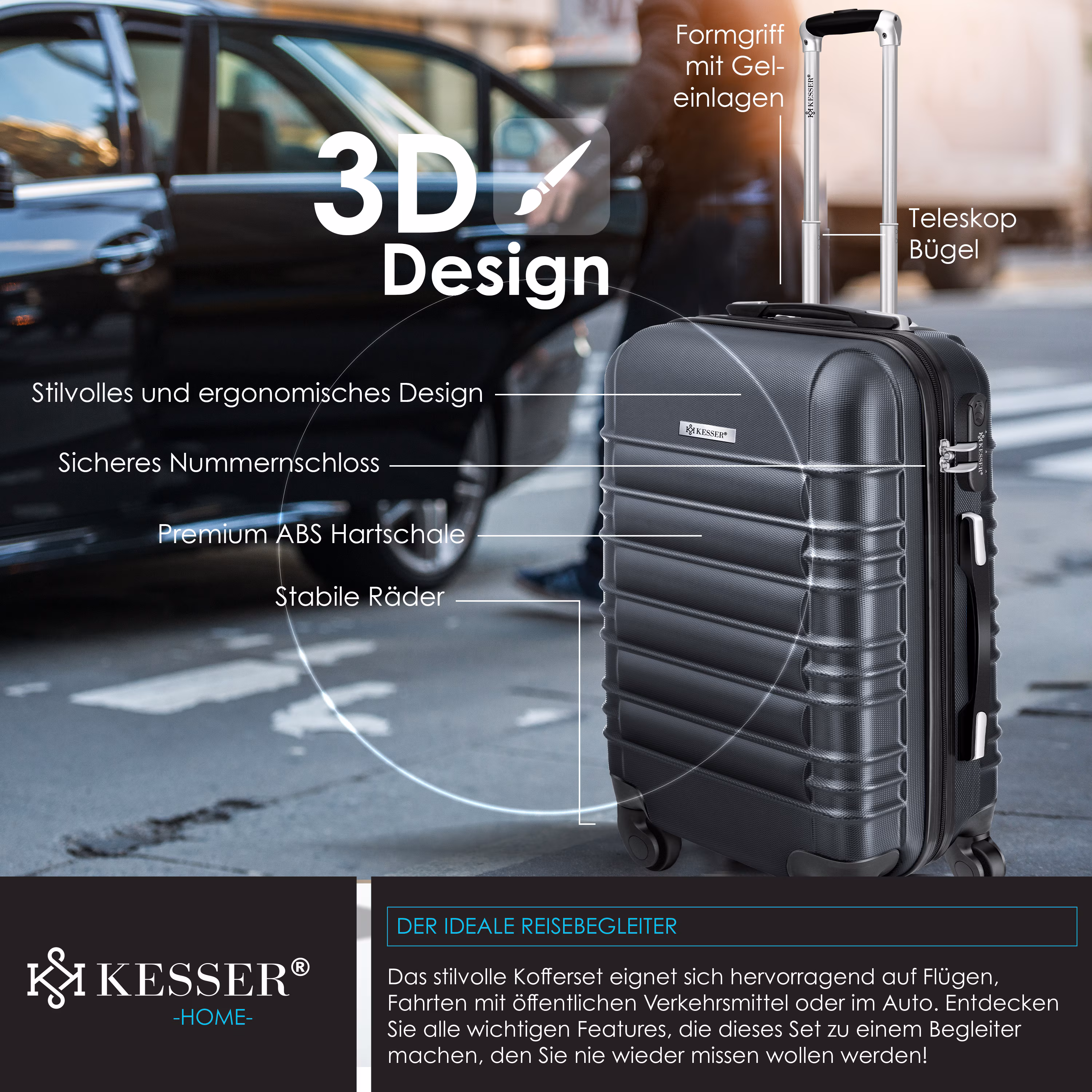 KESSER® 3tlg. Hartschalenkofferset Hartschalenkoffer Reisekoffer Set Reisekofferset Trolley Koffer Inkl. Kofferwaage + Gepäckanhänger Rollkoffer Schloss 4 Rollen ABS-Hartschale Teleskopgriff M-L-XL