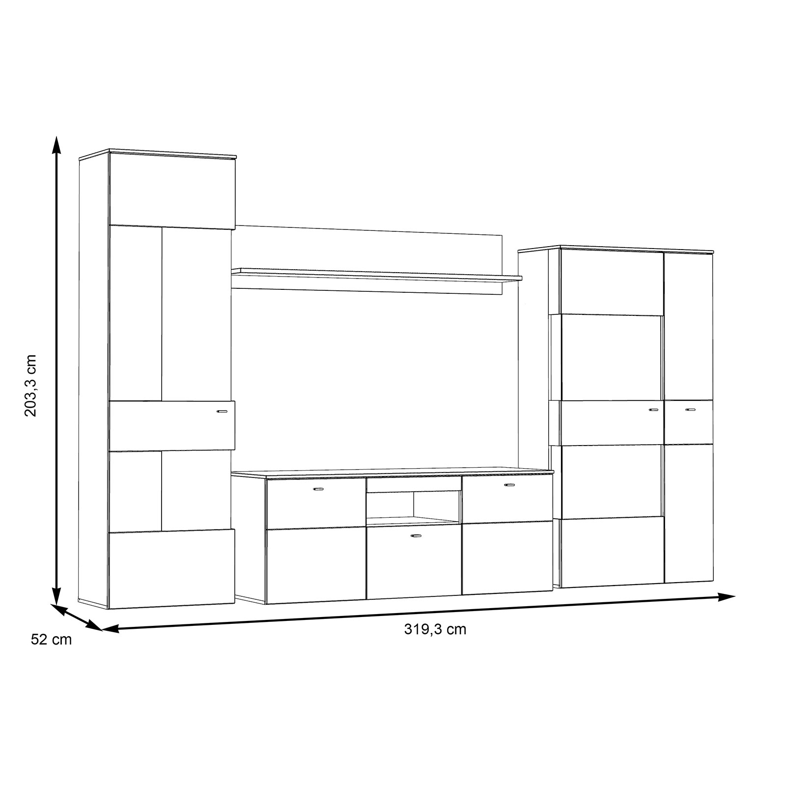 4-teiliges Wohnwand-Set - Eiche grau - Vitrine - mit Beleuchtung