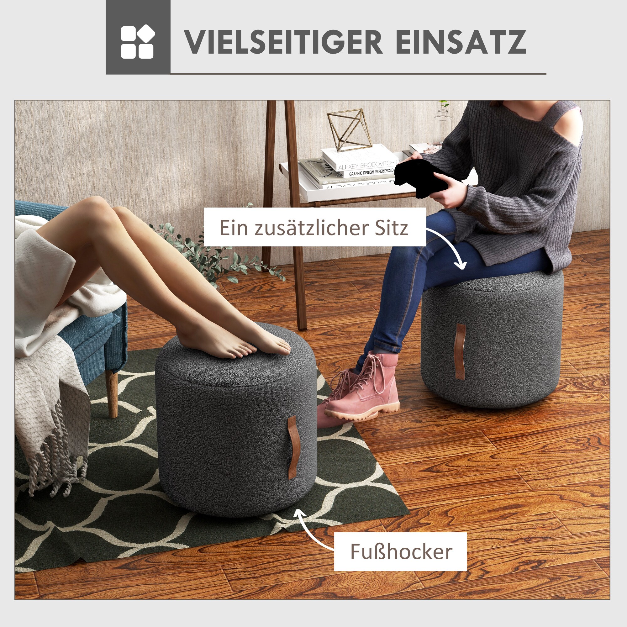 HOMCOM Fußhocker mit zylinder Form grau 48L x 48B x 45H cm