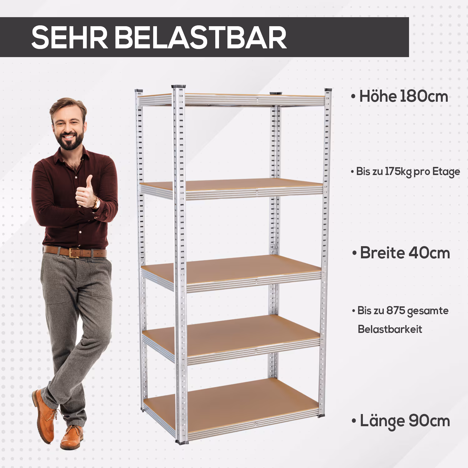 TroniTechnik® Schwerlastregal, Kellerregal, Lagerregal, 40 x 90 x 180 cm, Regal mit Stahlgestell, bis 875 kg, 5 Ablagen