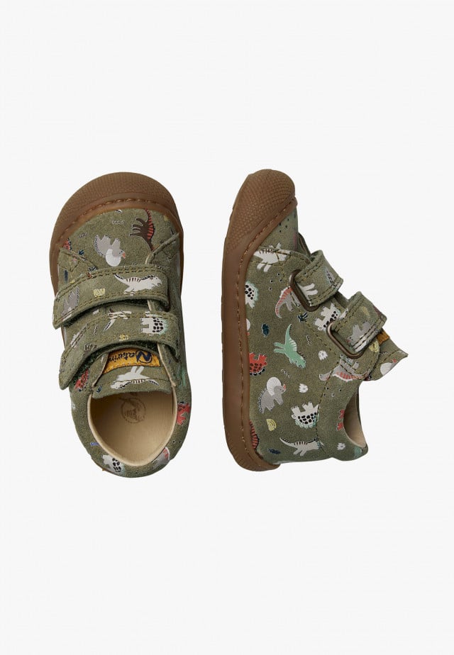 NATURINO COCOON VLLauflernschuhe aus Veloursleder mit Dinosaurier-Print, Militärgrün