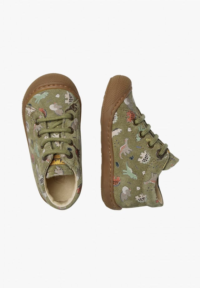 NATURINO COCOONLauflernschuhe aus Veloursleder mit Dinosaurier-Print, Militärgrün