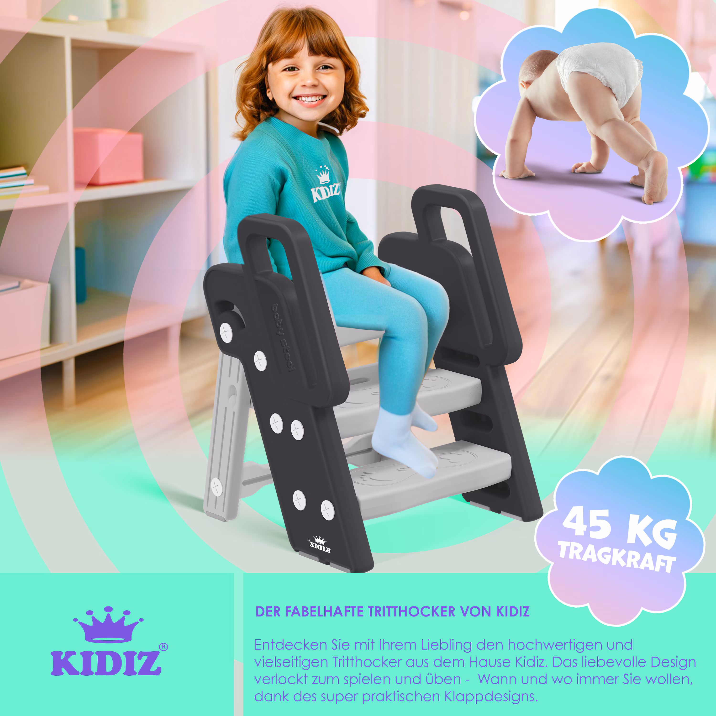 KIDIZ® Tritthocker für Kinder Trittleiter Klappbar mit 3 Stufen | Faltbarer Lern-Turm ab 18 Monaten bis 6 Jahren | Robust | Sicherer & Stabiler Trittschemel | Höhenverstellbar Rutschfest