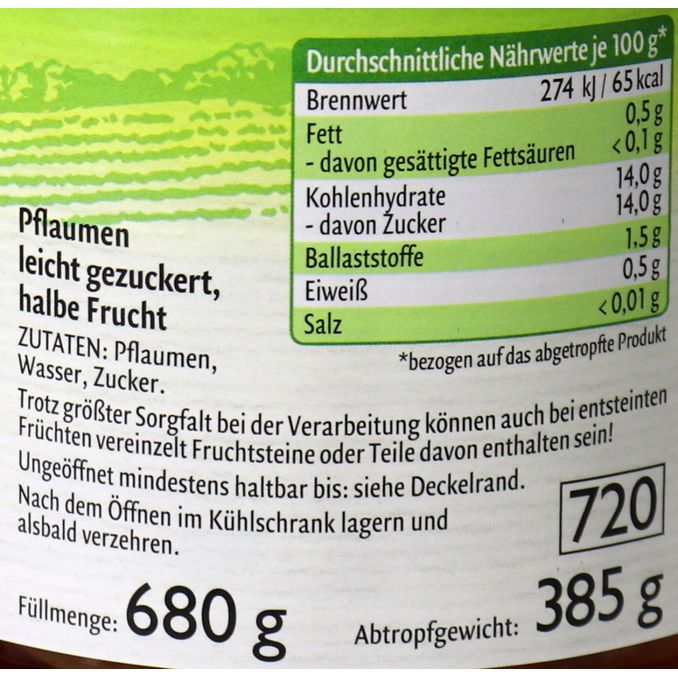 Pflaume leicht gezuckert, 385g von Hainich
