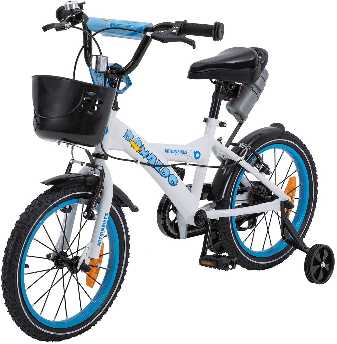 Actionbikes Kinderfahrrad Donaldo 16 Zoll, V-Brake-Bremsen, höhenverstellbar, Stützräder, Korb