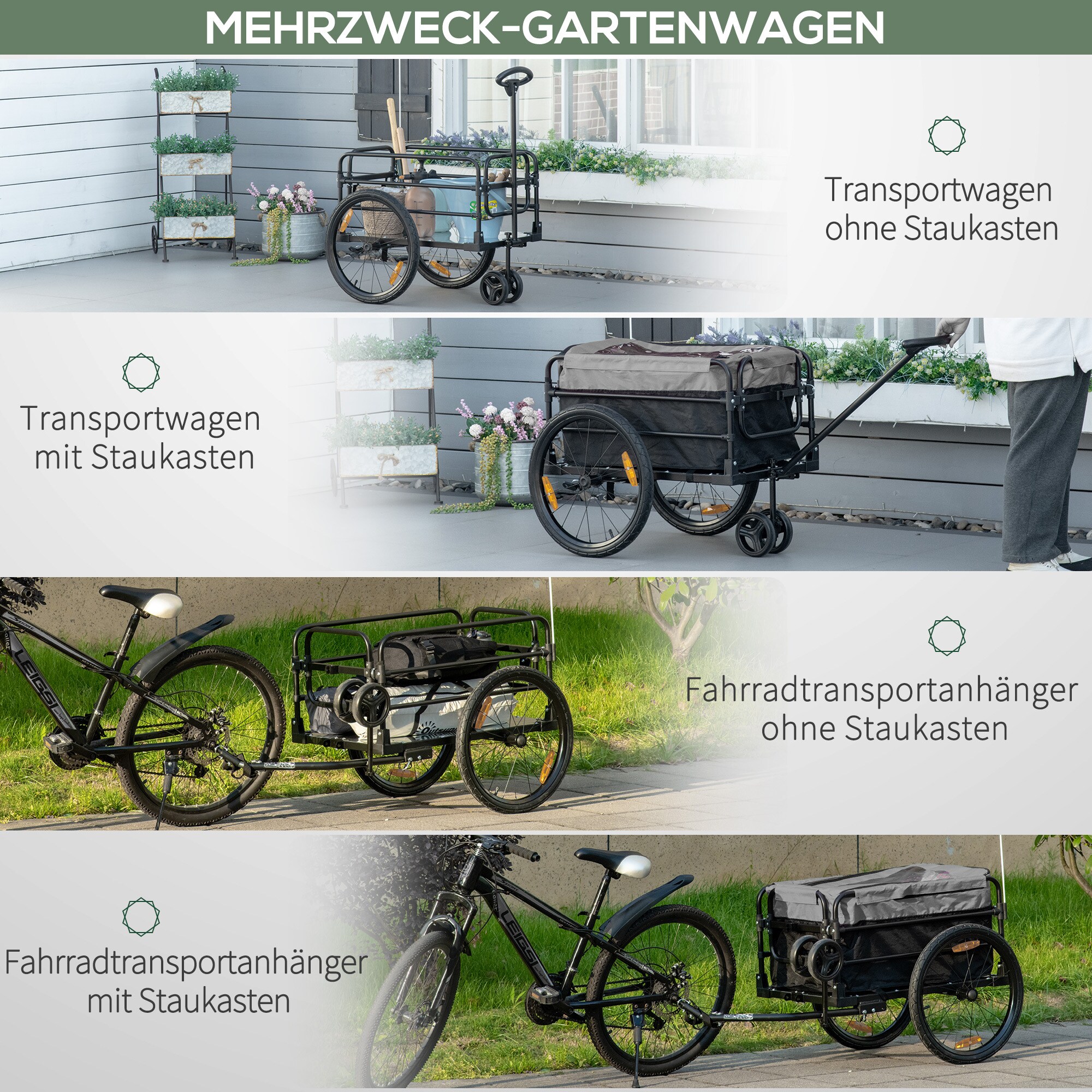 HOMCOM Lastenanhänger mit Stahlrahmen schwarz, grau 130L x 64B x 103Hcm