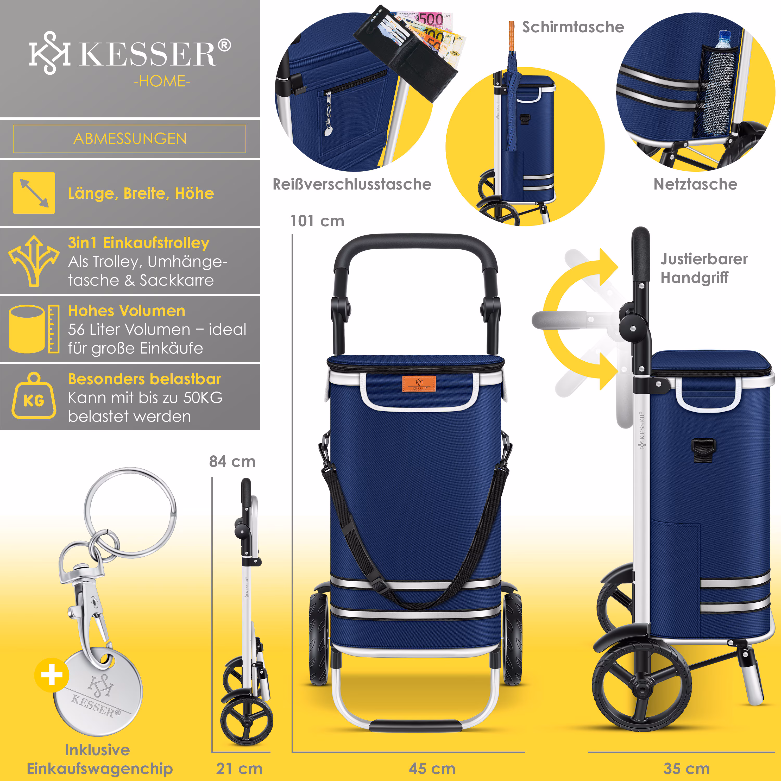 KESSER® Einkaufstrolley klappbar mit 56L Kapazität und belastbar bis 50kg | 3in1 Trolley Sackkarre & Umhängetasche | Faltbarer Einkaufswagen inkl. Kühlfach & Einkaufschip | Treppensteiger