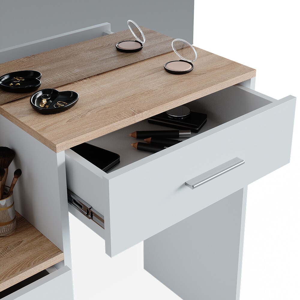 Vicco Schminktisch Frisiertisch Kosmetiktisch Conrada Weiß Sonoma Schminkspiegel 80x132 modern LED Beleuchtung Schlafzimmerkommode Schminkkommode Schublade Spiegelschrank Frisierkommode Make-Up-Tisch