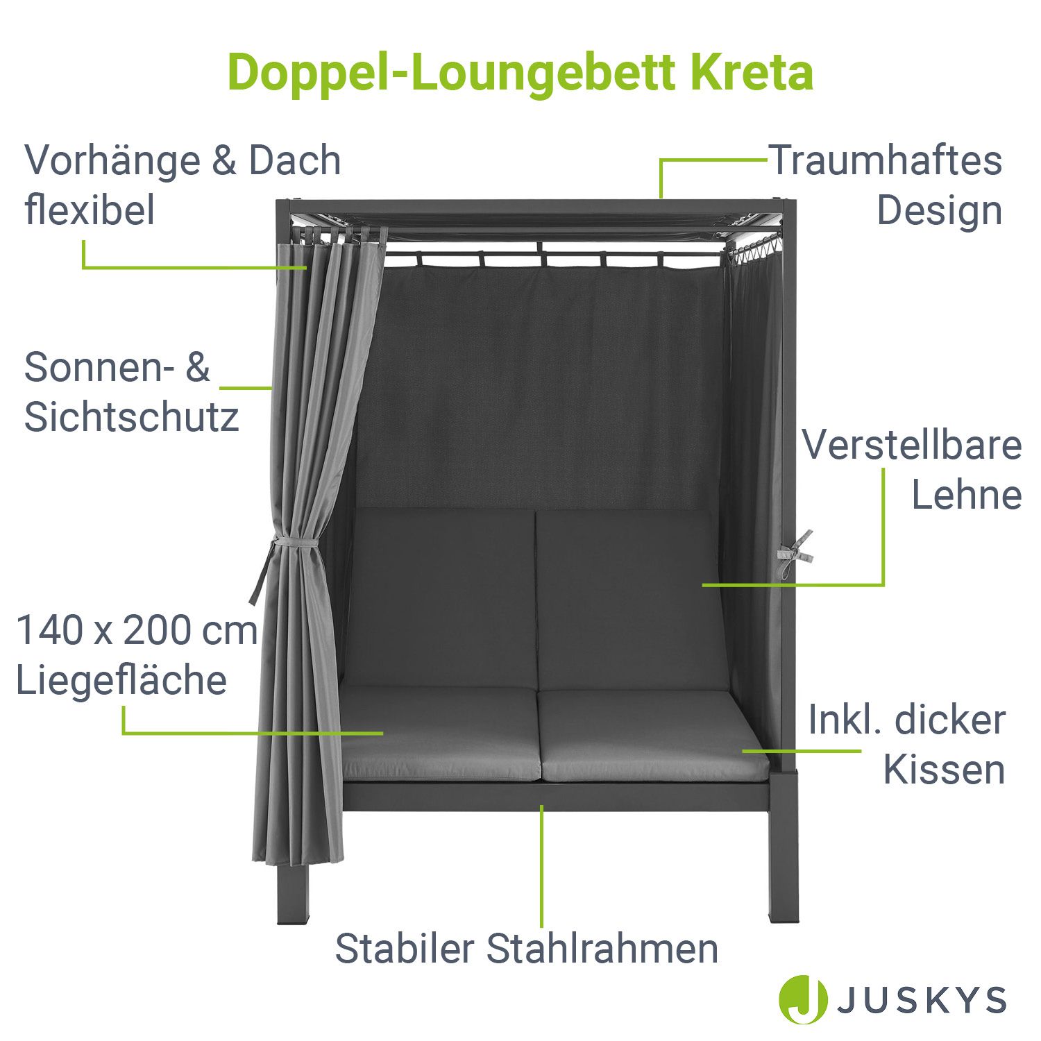 Juskys Doppel Loungebett Kreta - Sonnenliege für 2 Personen - Dach & Lehne verstellbar - Liege Grau