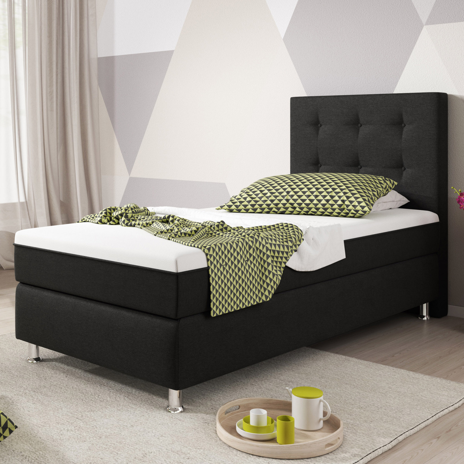 Boxspringbett - schwarz - H3 - 90x200 cm