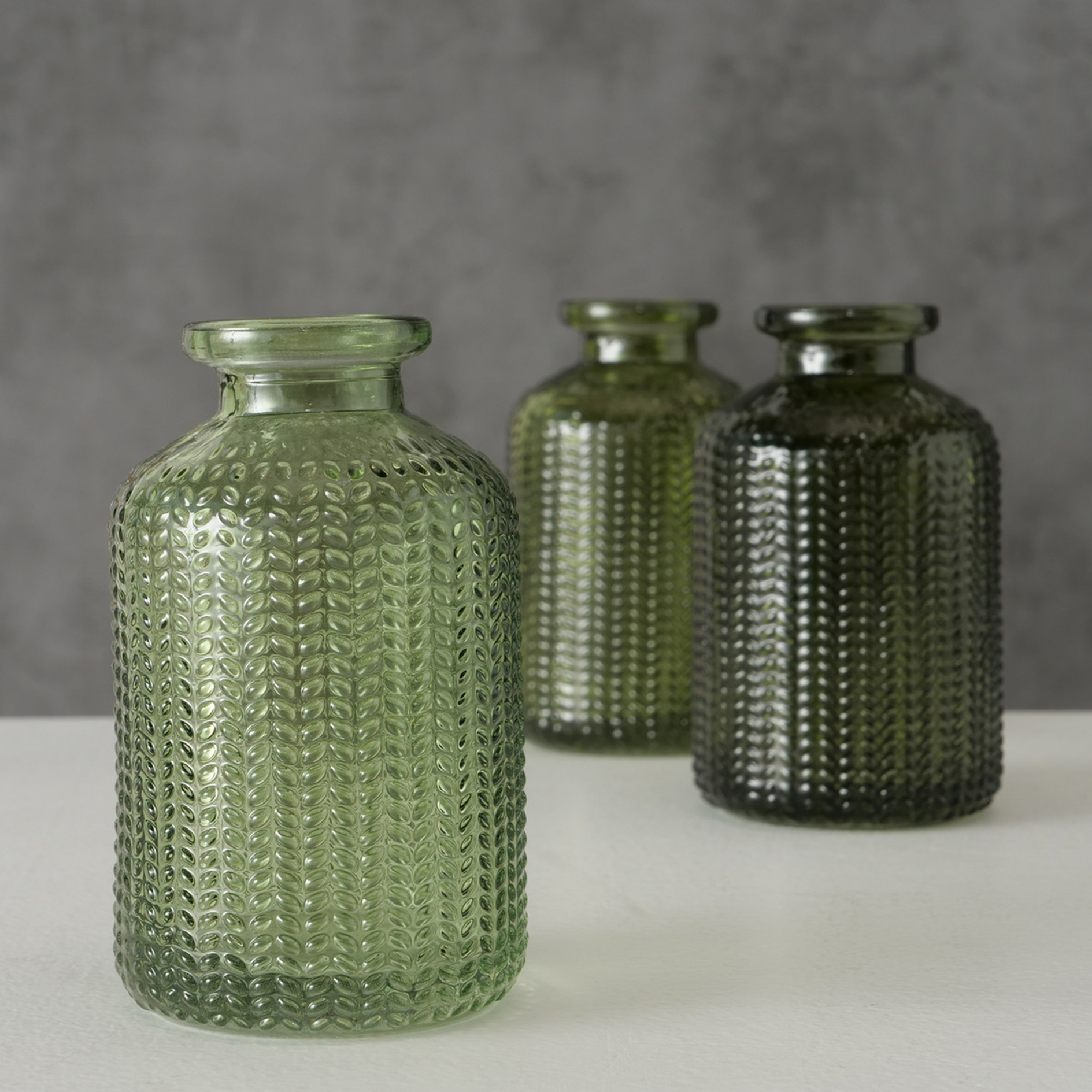 3-teiliges Vasen-Set - grün - mit Relief-Optik