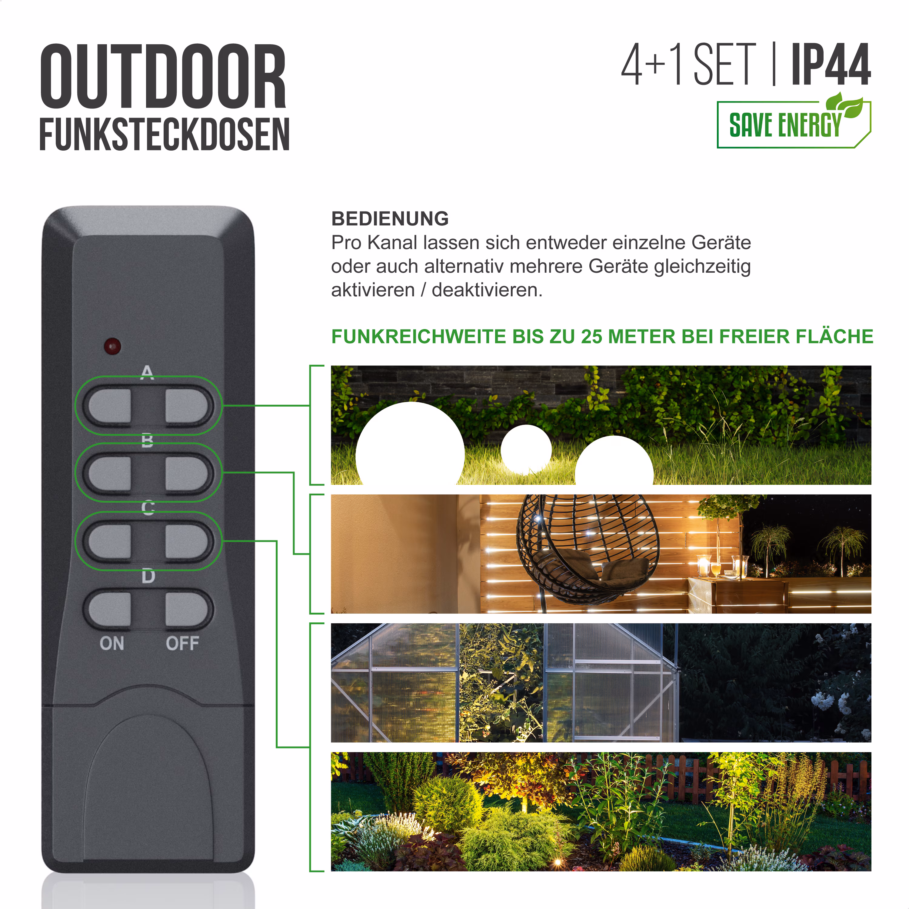 Arendo Outdoor Funksteckdosen-Set für den Außenbereich - 4x Funkschalter / 1x Fernbedienung / IP44