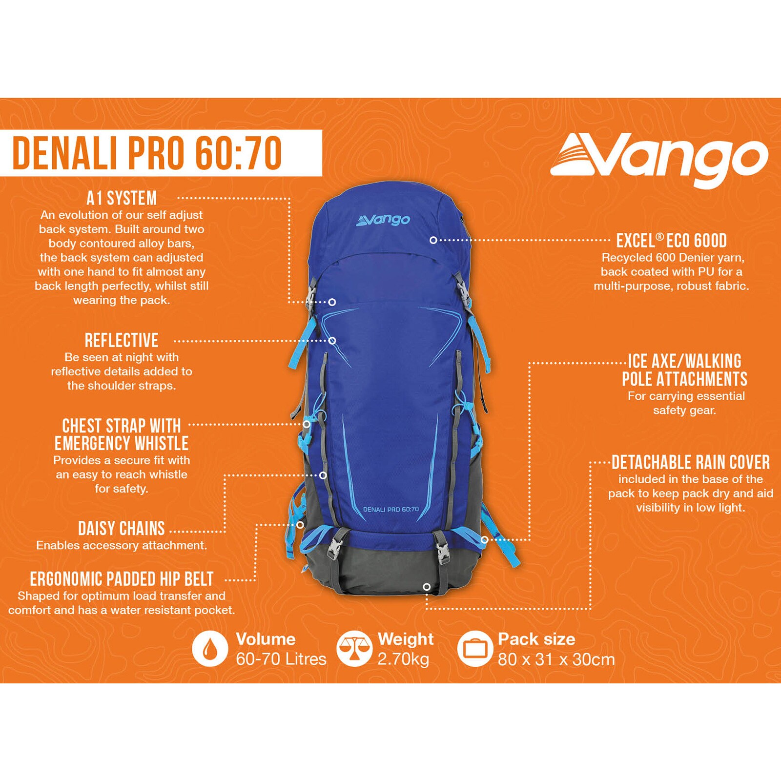 VANGO Trekkingrucksack Denali Pro 60:70 L Outdoor Wander Rucksack Regenschutz Farbe: Classic Blue