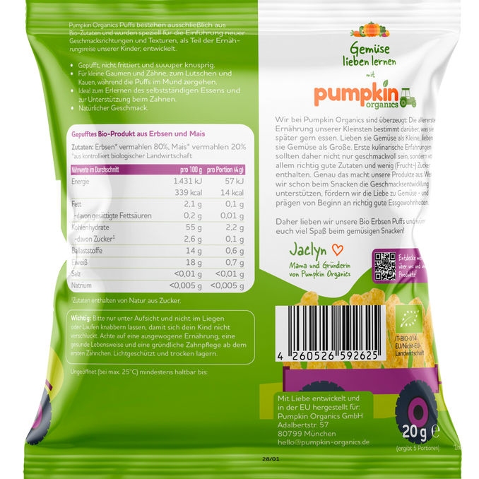 BIO Erbsen Puffs, 8er Pack, 8x20g von Pumpkin Organics