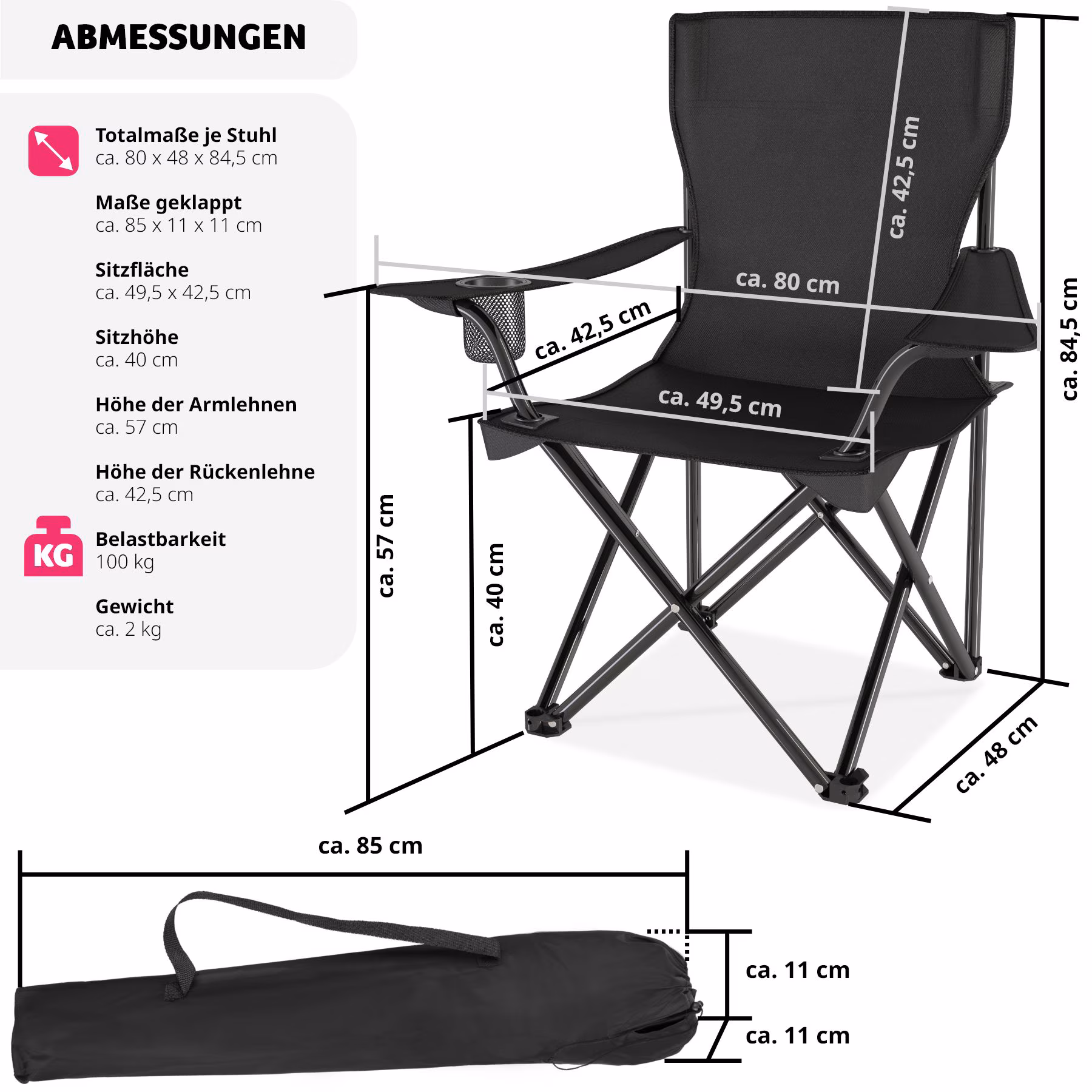 tectake® 2er Set Campingstuhl, faltbar, geringes Gewicht, 80 x 48 x 84,5 cm