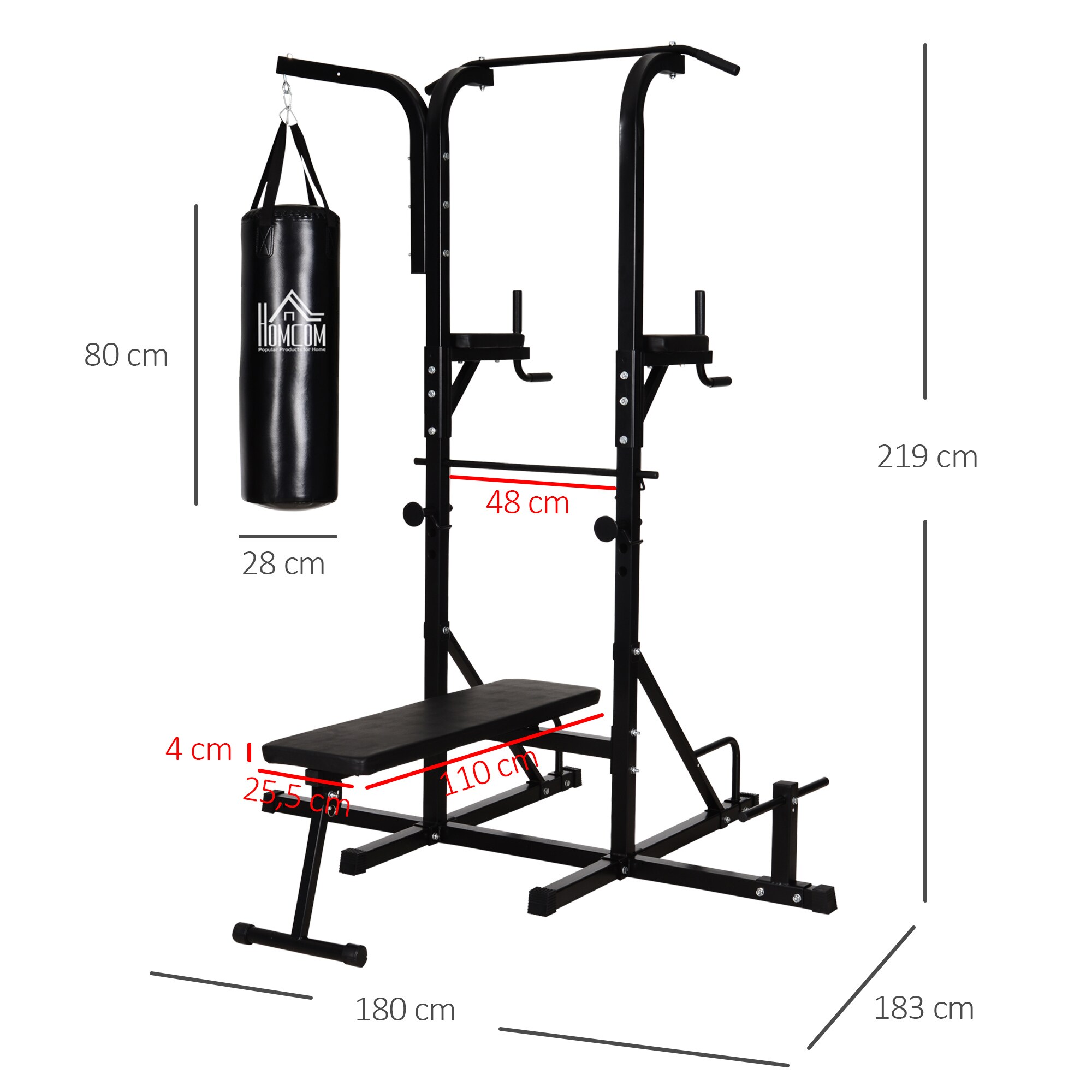HOMCOM Kraftstation mit Klimmzugstange schwarz 180 x 183 x 219 cm (BxTxH)